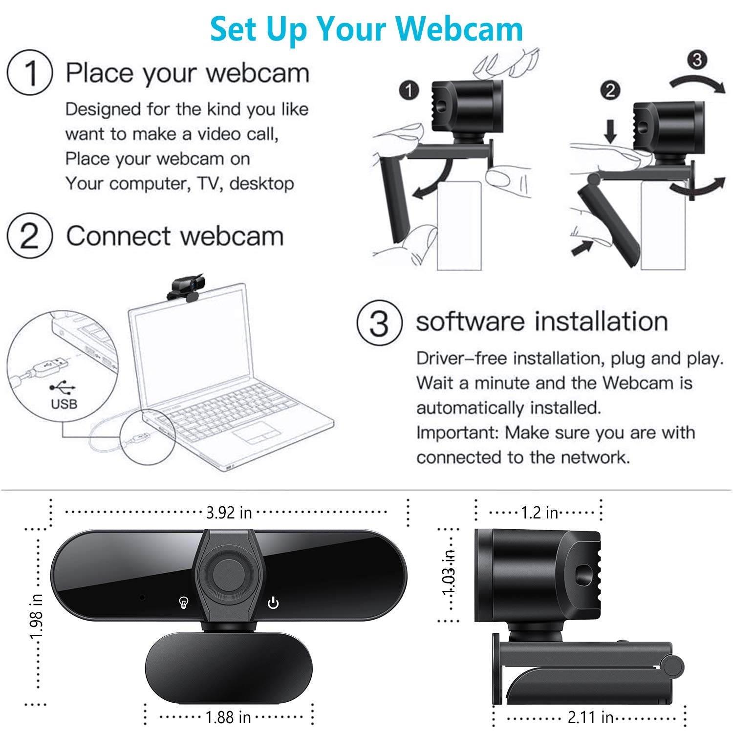 Webcam 1080P,AutoFocus 4K Webcam with Microphone,120 Degree Angle View Web Camera with Privacy Cover,Tripod for Windows,Mac iOS,Video Conference,Online Classes,Game Live,Zoom,MSN and Skype