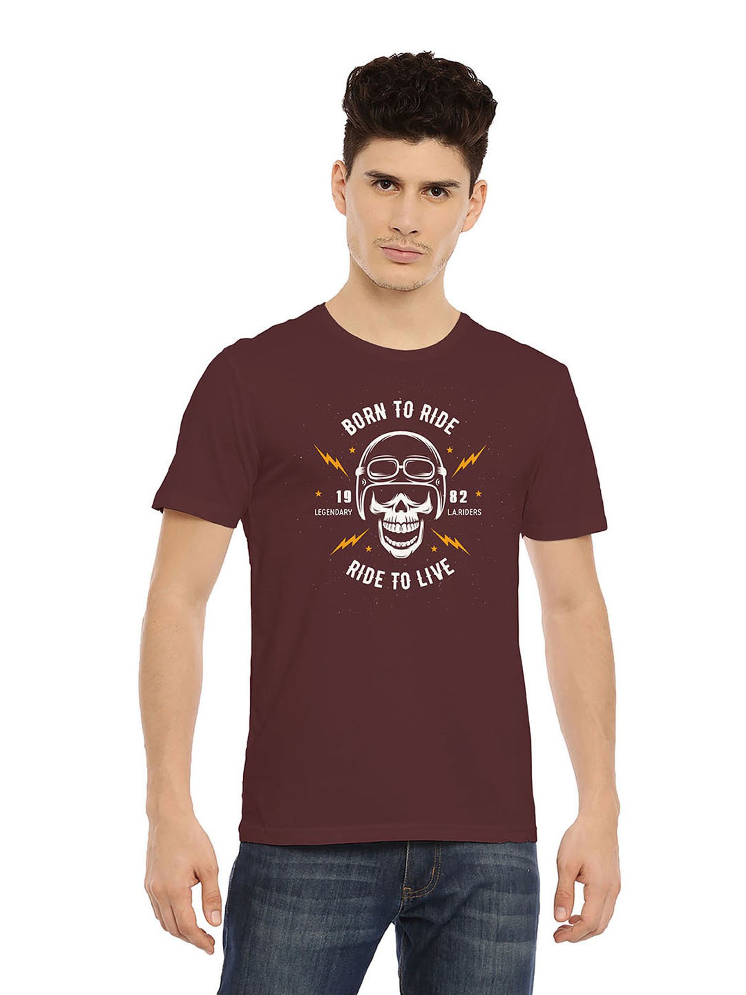 BLACK RADIO Maroon Slim Fit Printed Cotton Crew T-Shirt