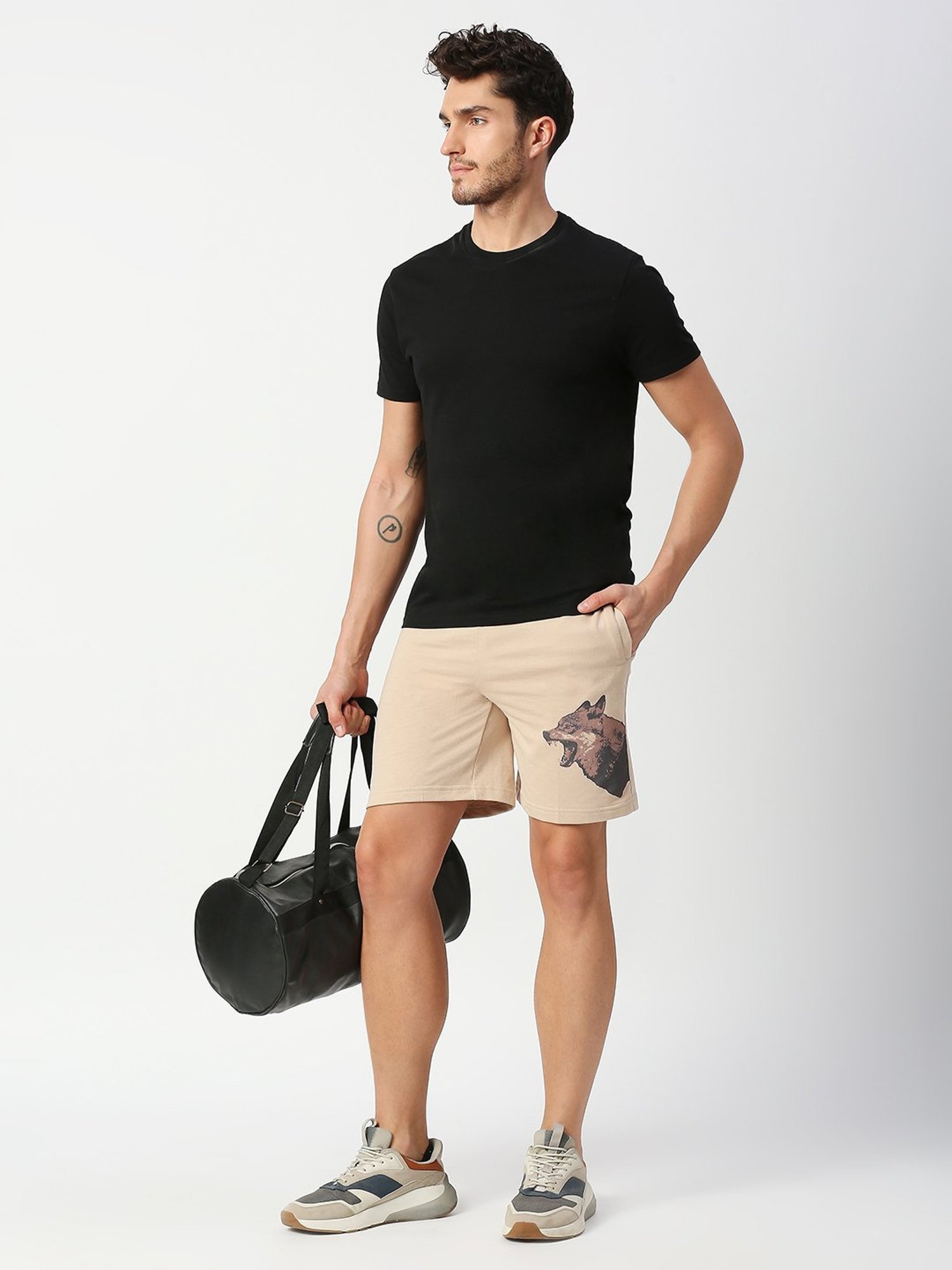 Fitz Beige Slim Fit Printed Shorts