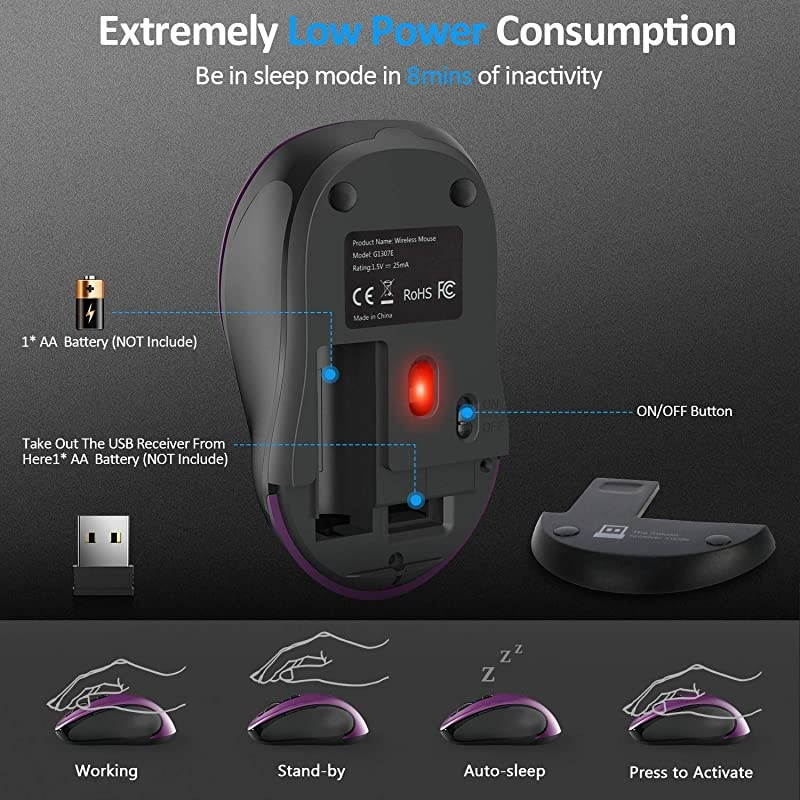Wireless Mouse  24G Portable Computer Mouse Optical USB Mouse Cordless Mouse Ergonomic Mouse with USB Receiver 6 Buttons 3Level DPI Laptop Mouse for Windows MacOS PC Laptop Purple
