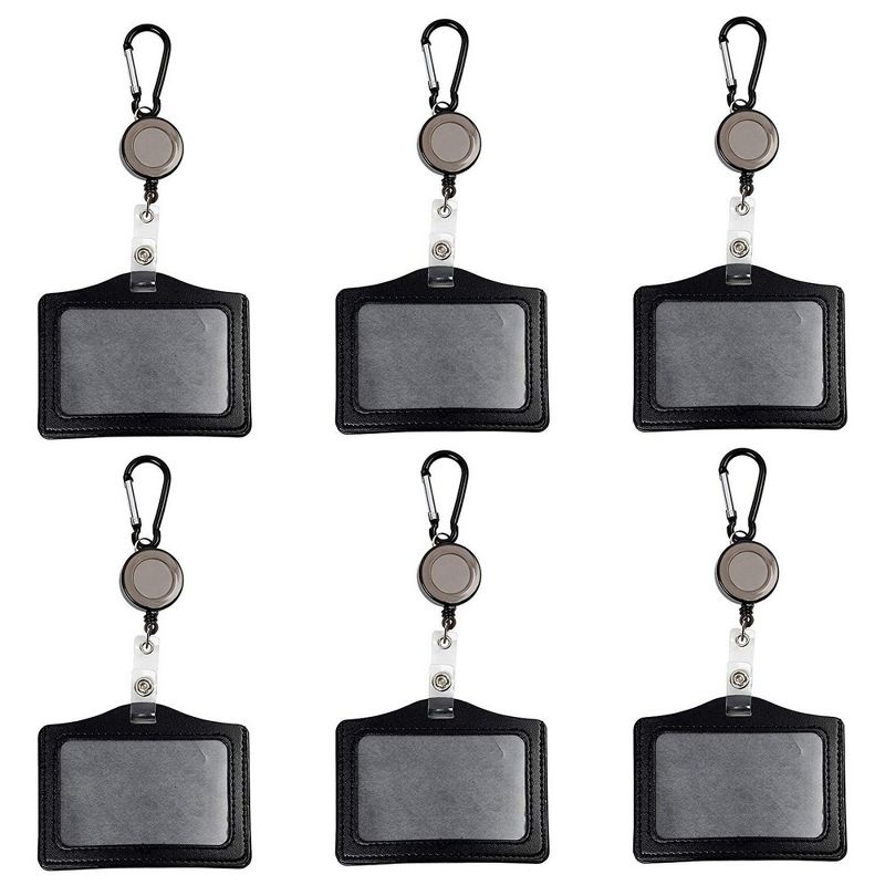 6-Pack Retractable Reel ID Badge Holder and Key Ring, PU Leather Name Badge Holder Key Reel with Retractable Cord, 25.5-Inch, Horizontal, Black