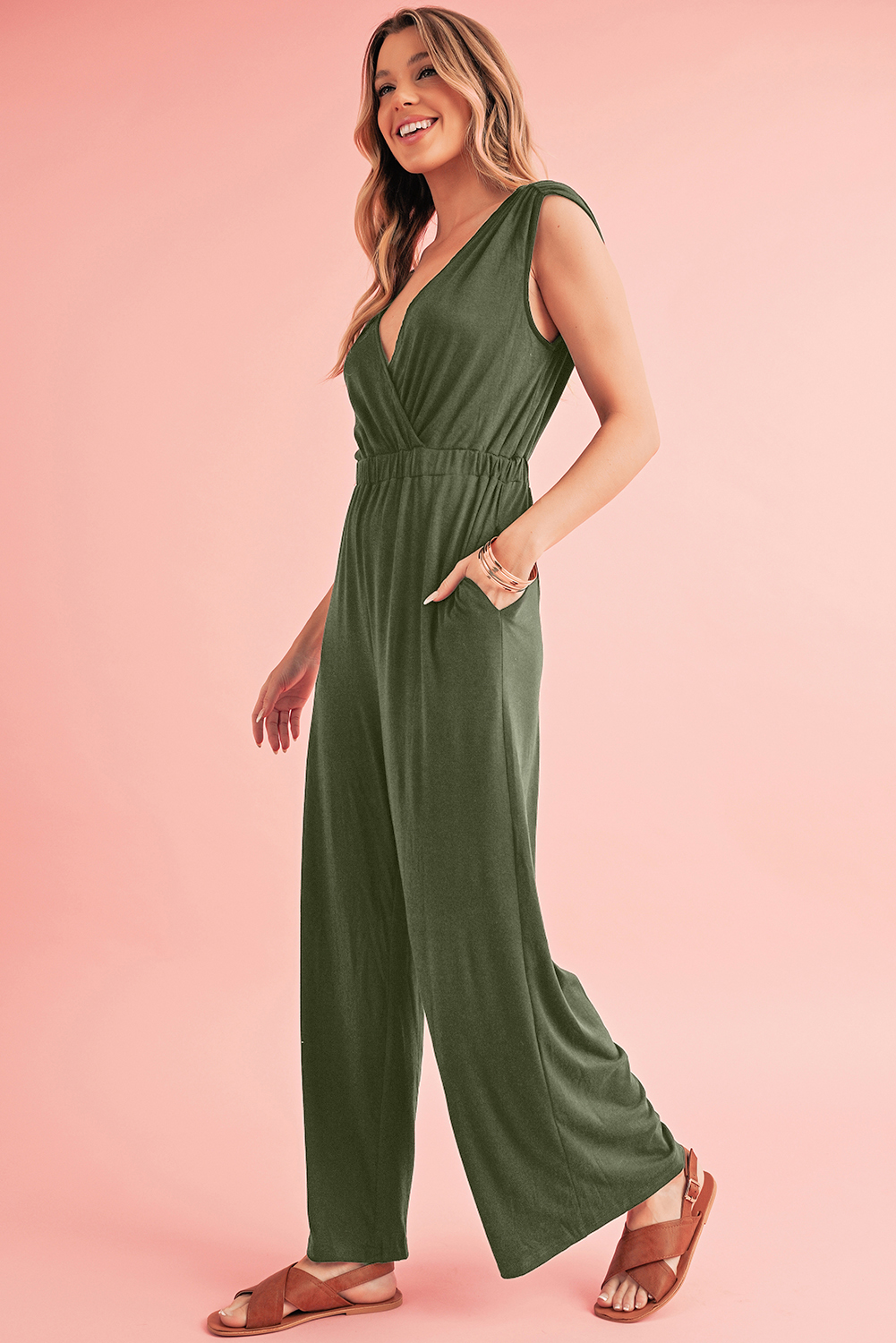 Jungle Green Deep V Pocketed Pleated Wide Leg Jumpsuit