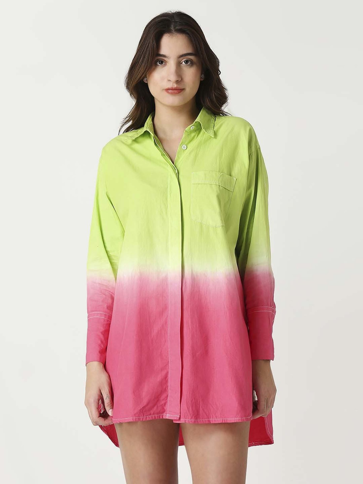 Remanika Green & Pink Cotton Color-Block Shirt