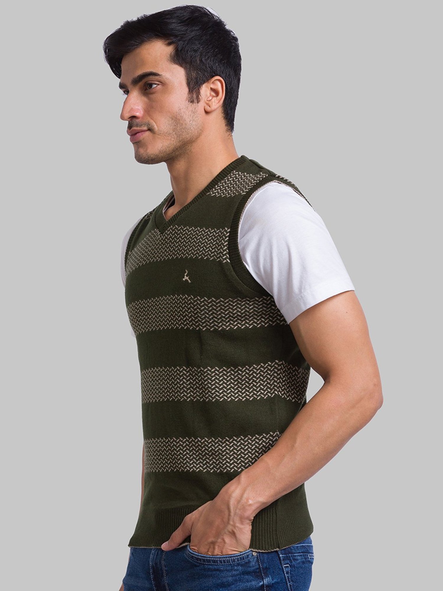 Parx Green & Beige Regular Fit Self Pattern Sweater