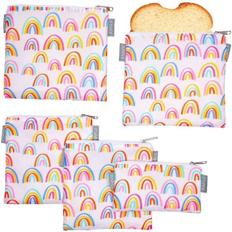 Juvale 5 Pack Resealable Plastic Bags, Colorful Rainbow Reusable Snack Bags with Zipper (3 Sizes)