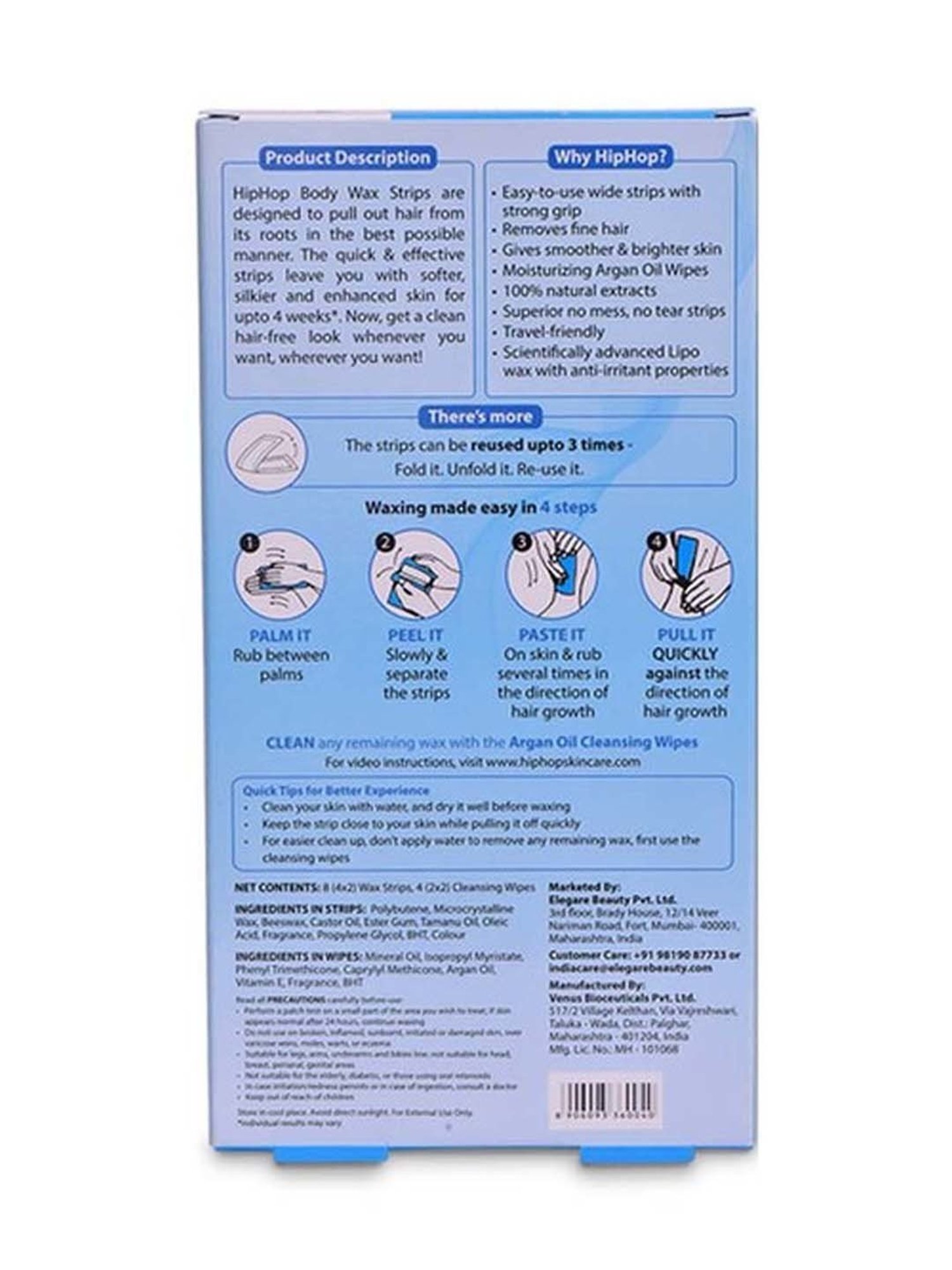 HipHop Skincare Body Wax Strips with Argan Oil - 8 Strips