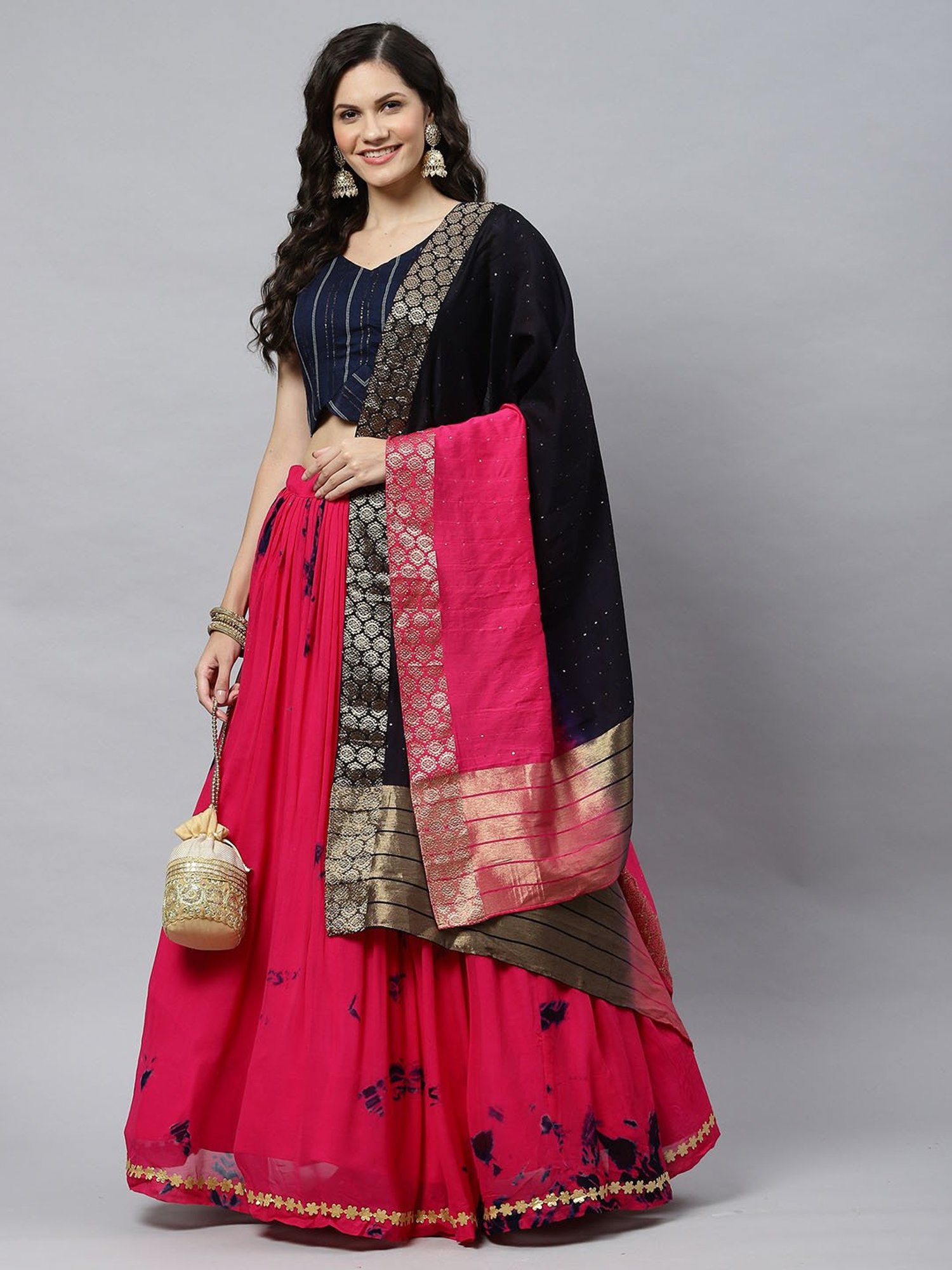 SHUBHKALA Pink & Navy Embellished Lehenga Choli Set With Dupatta