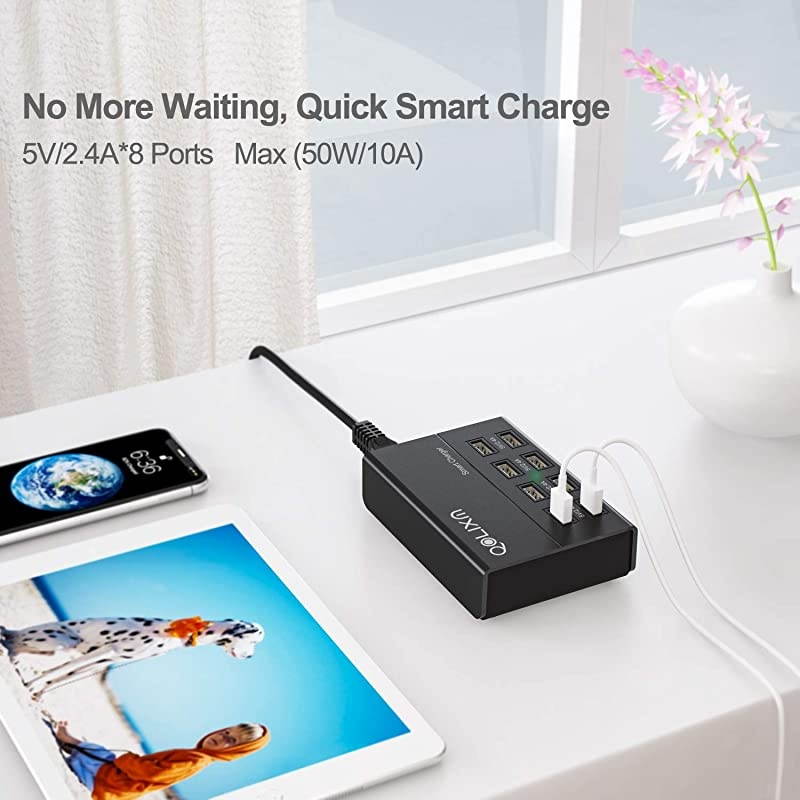 USB Charger,  8 Ports Charging Station (50W/10A) Multi Port USB Charger Hub Tablets & Multiple USB Devices