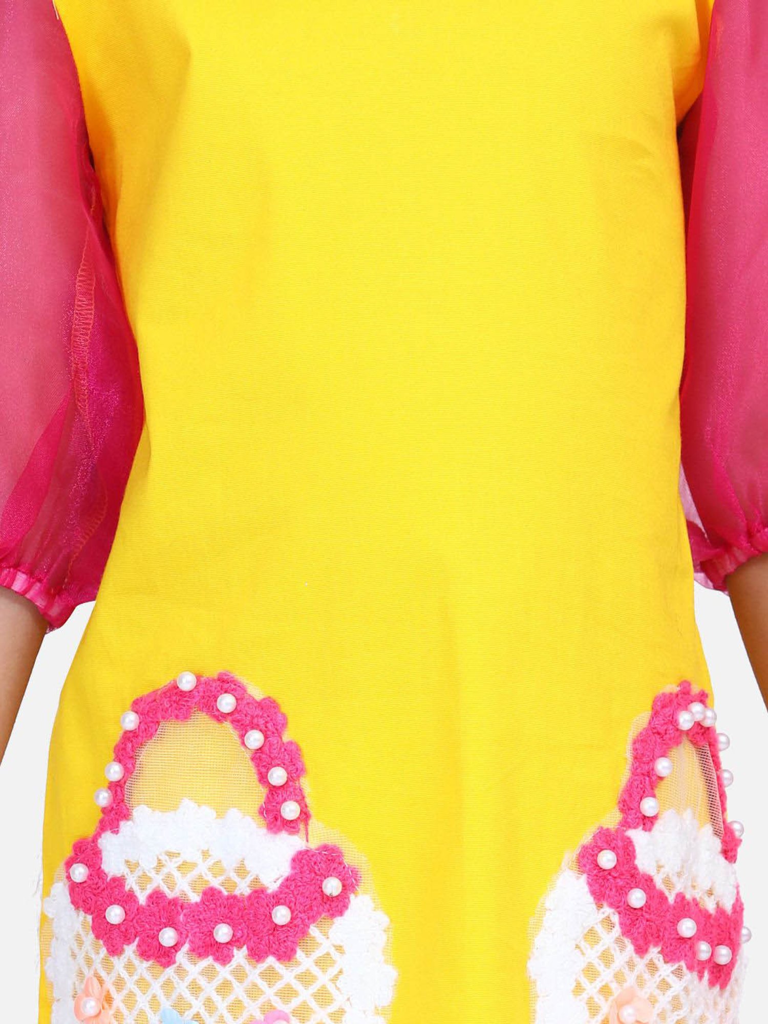 LilPicks Kids Yellow & Pink Cotton Embelished Dress