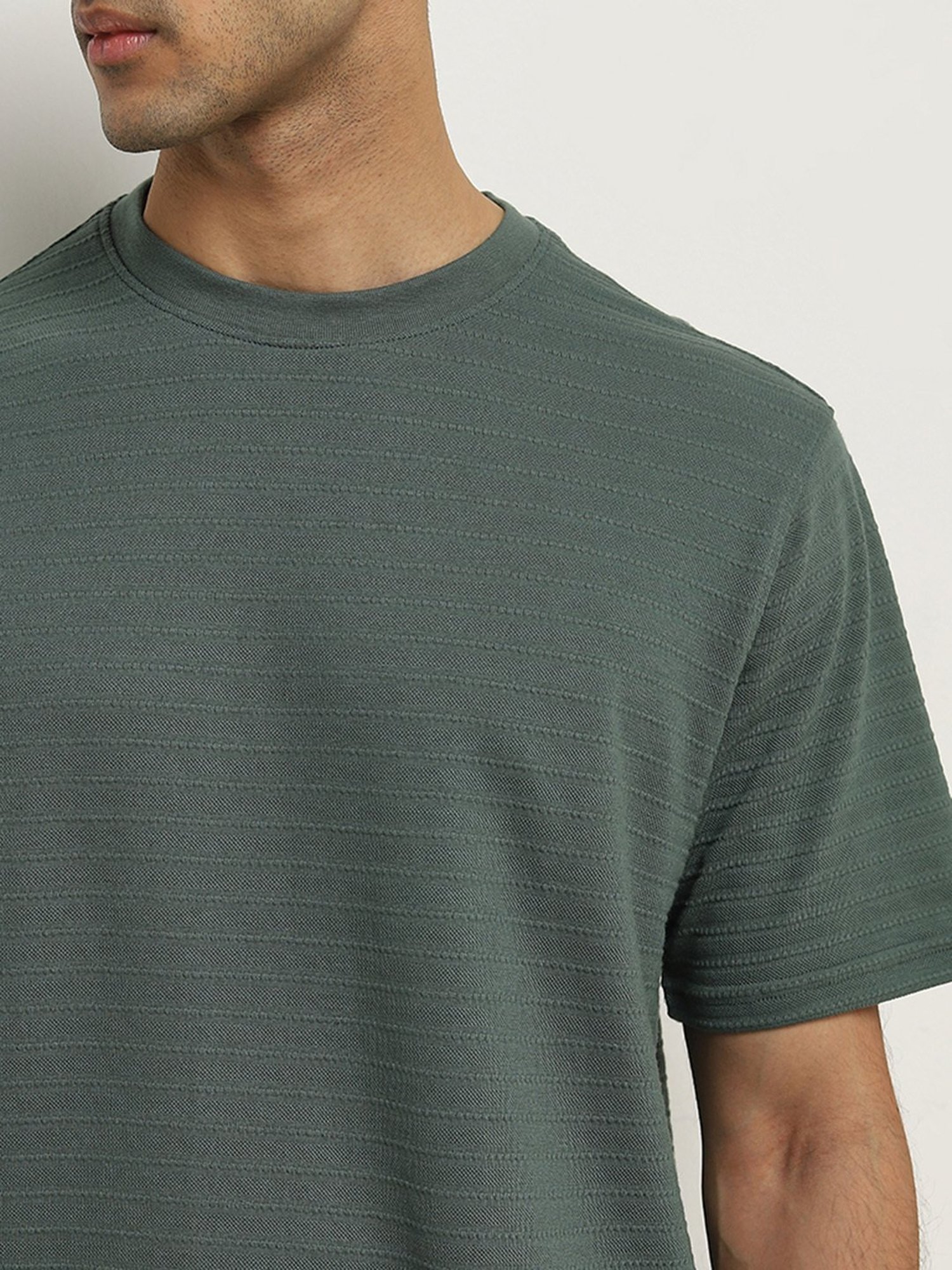 WES Lounge by Westside Dark Green Striped Relaxed-Fit T-Shirt