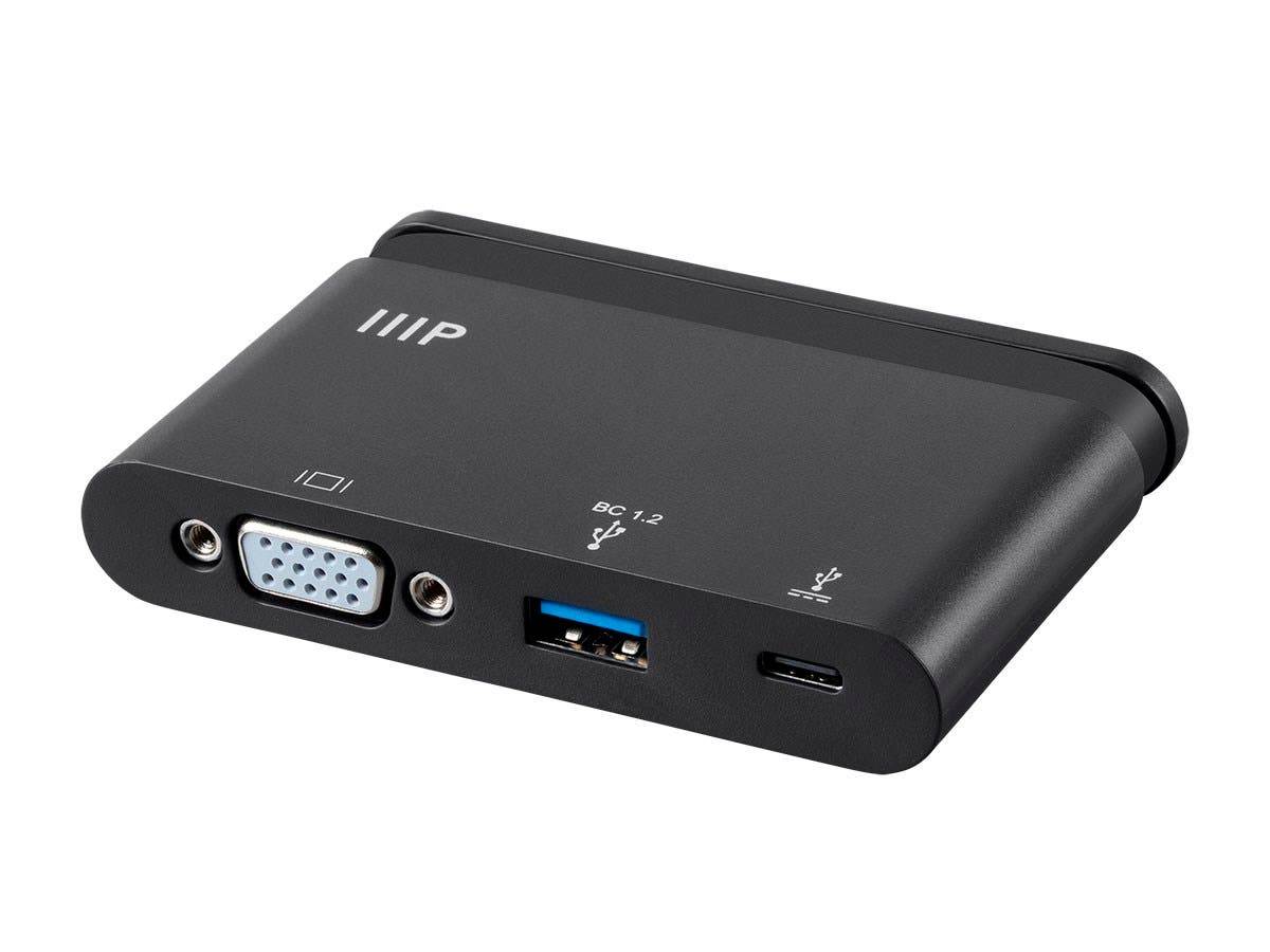 Monoprice USB-C to VGA/USB 3.0 / USB-C 100 Watt Adapter - Black with Folding USB Type-C Connector - Mobile Series