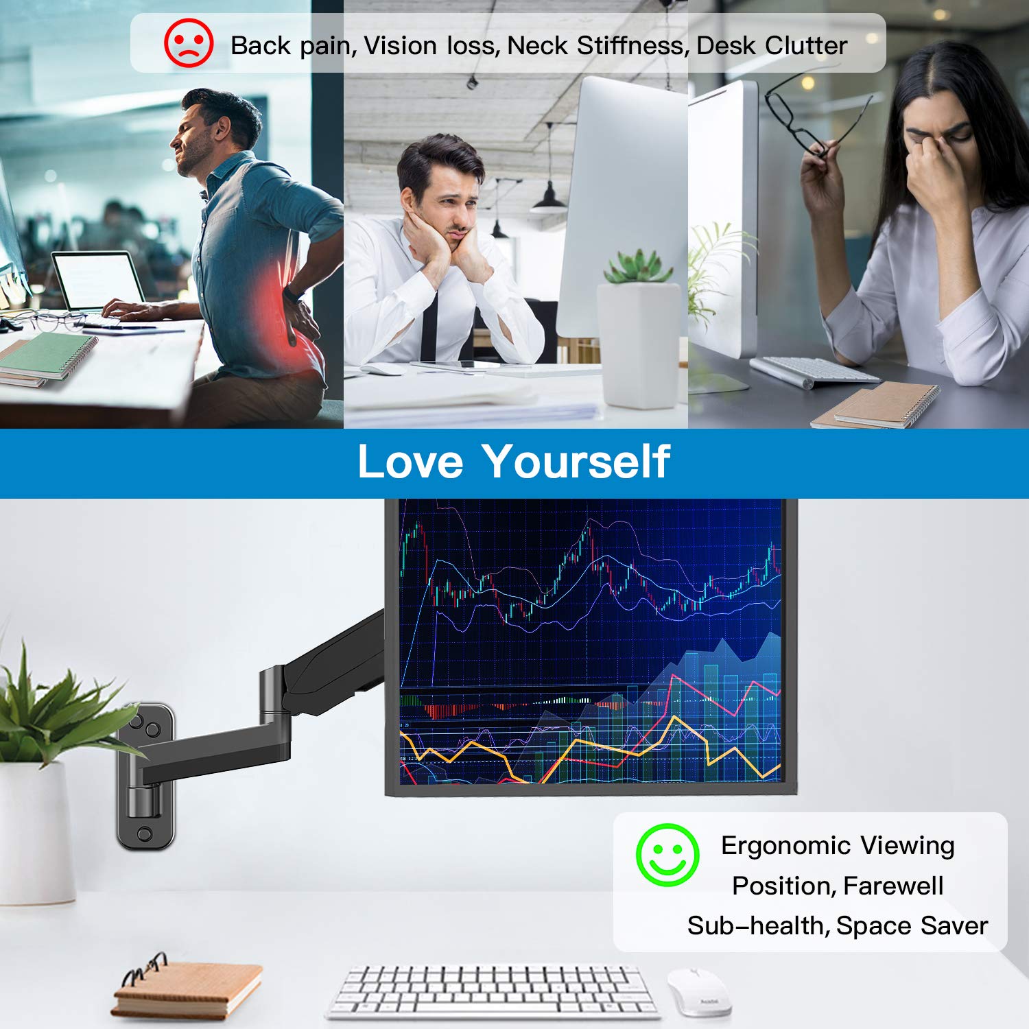 HUANUO Single Monitor Wall Mount-black with VESA Extension Kit for 17 to 32 Inch LCD Computer Screens