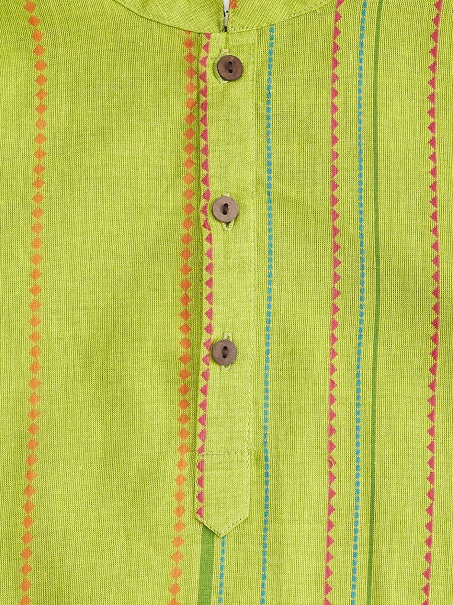 Indus Route by Pantaloons Kids Lime Green & White Cotton Printed Full Sleeves Kurta Set