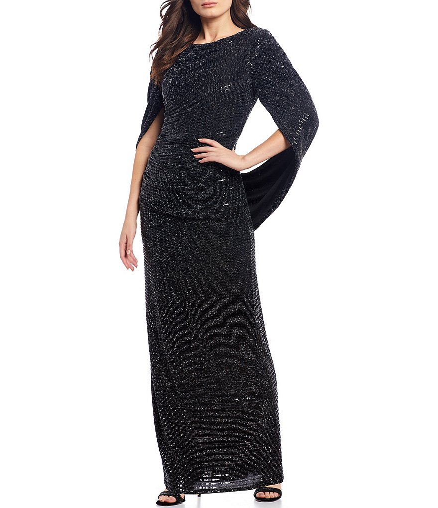 R & M Richards Drape Back Metallic Allover Sequin Gown