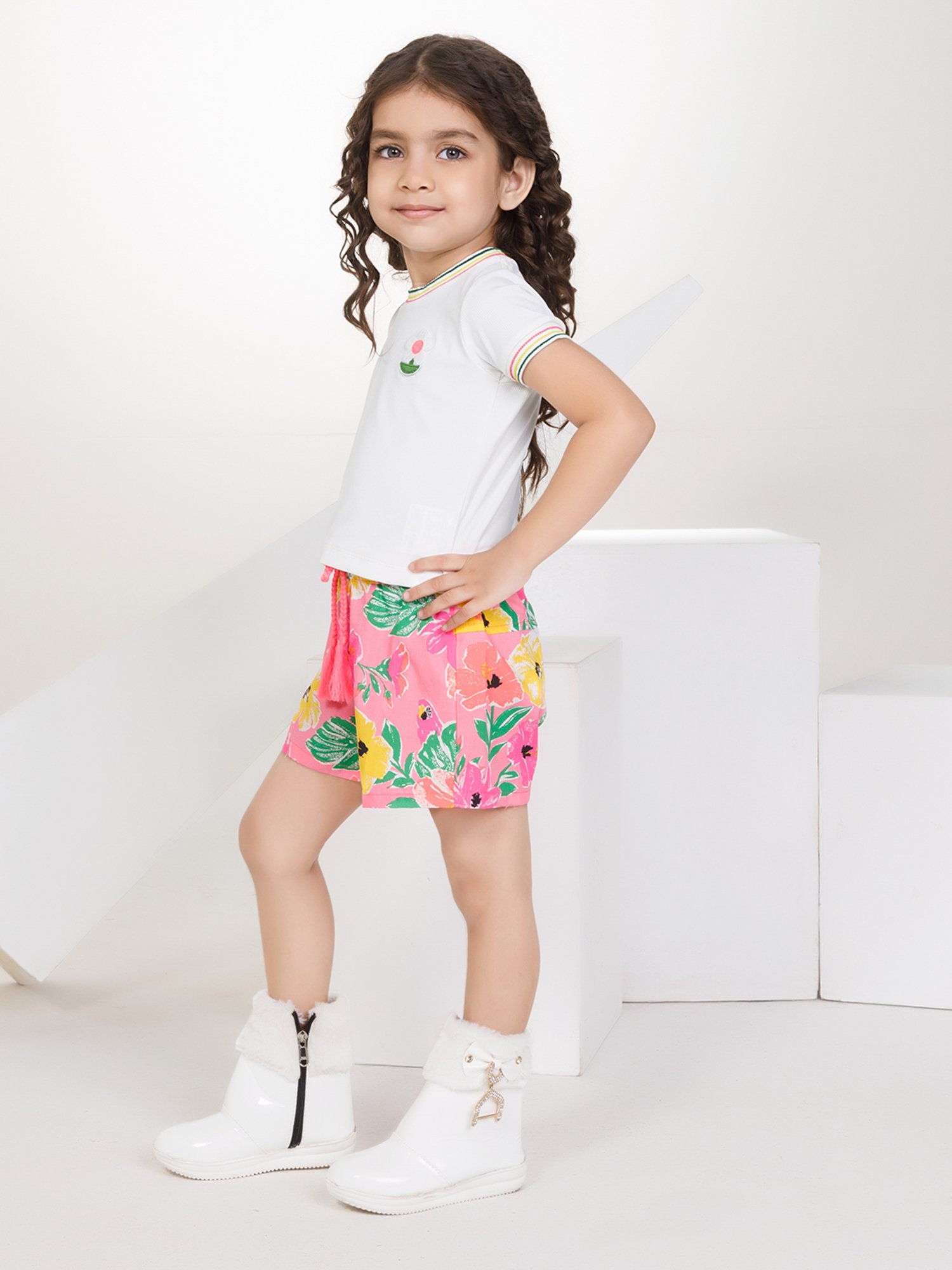Peppermint Kids White & Pink Floral Print Top with Shorts
