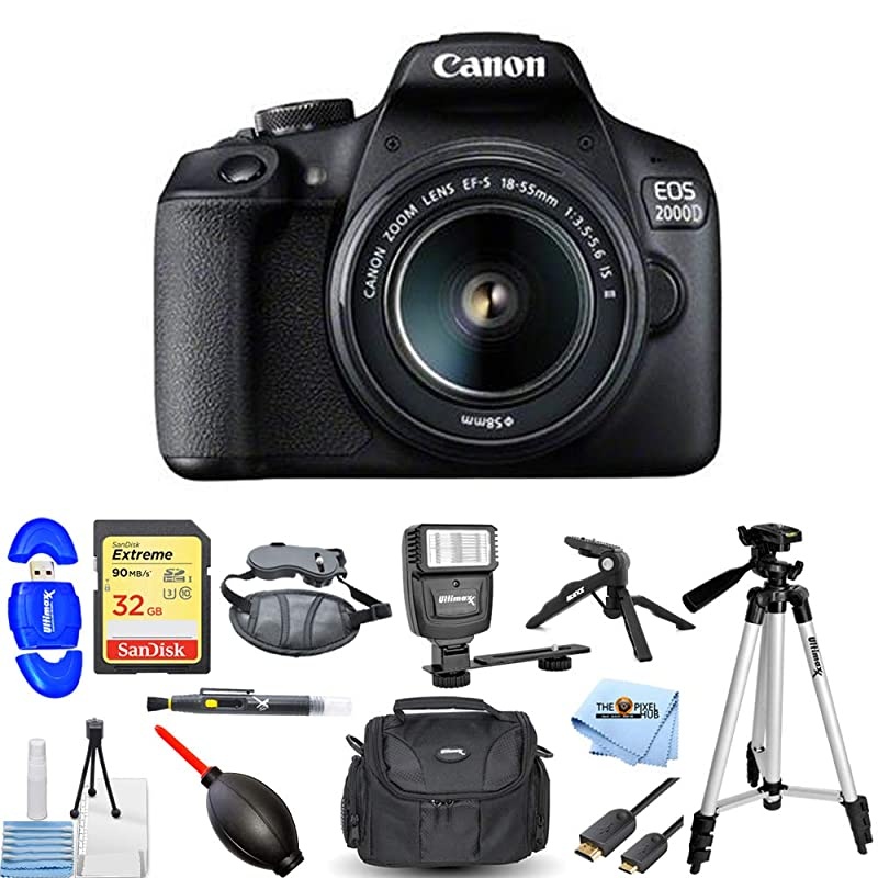 EOS 2000D / Rebel T7 with 18-55mm 18-55mm f/3.5-5.6 is II Lens - Pro Bundle Includes: Extreme 32GB SD, Slave Flash, Tripods, Gadget Bag, UV Filter and More