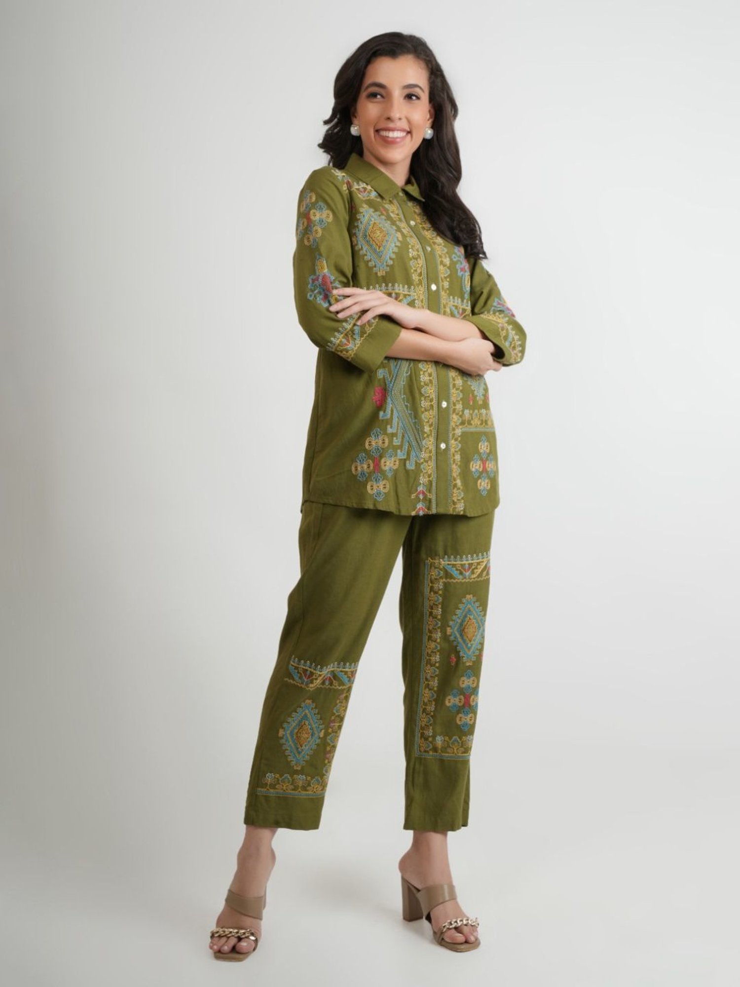 Kaftanize Green Chakori Printed Shirt And Pant