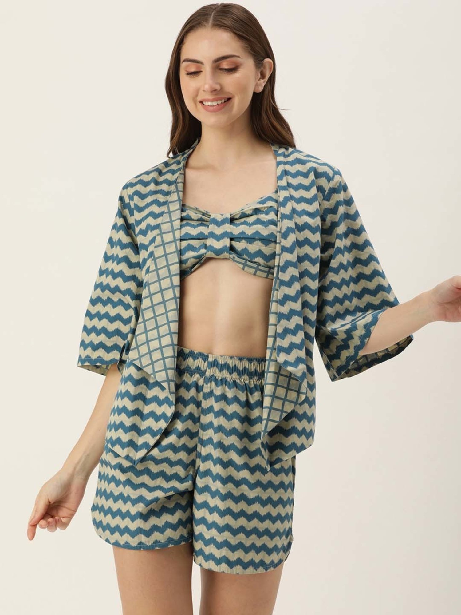 Clt.s Blue Cotton Printed Top Shorts Set With Jacket