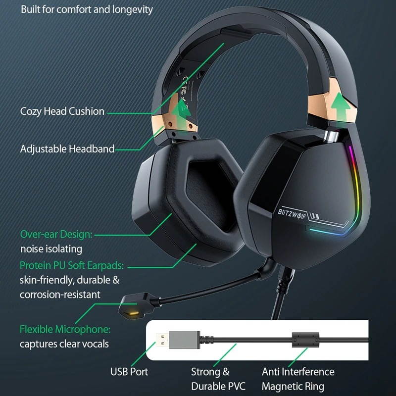 BW-GH2 Gaming Headphones USB Wired 7.1 Channel 53mm Driver RGB Gamer Headset with Mic for Computer for PS3/4 Head Set USB Version