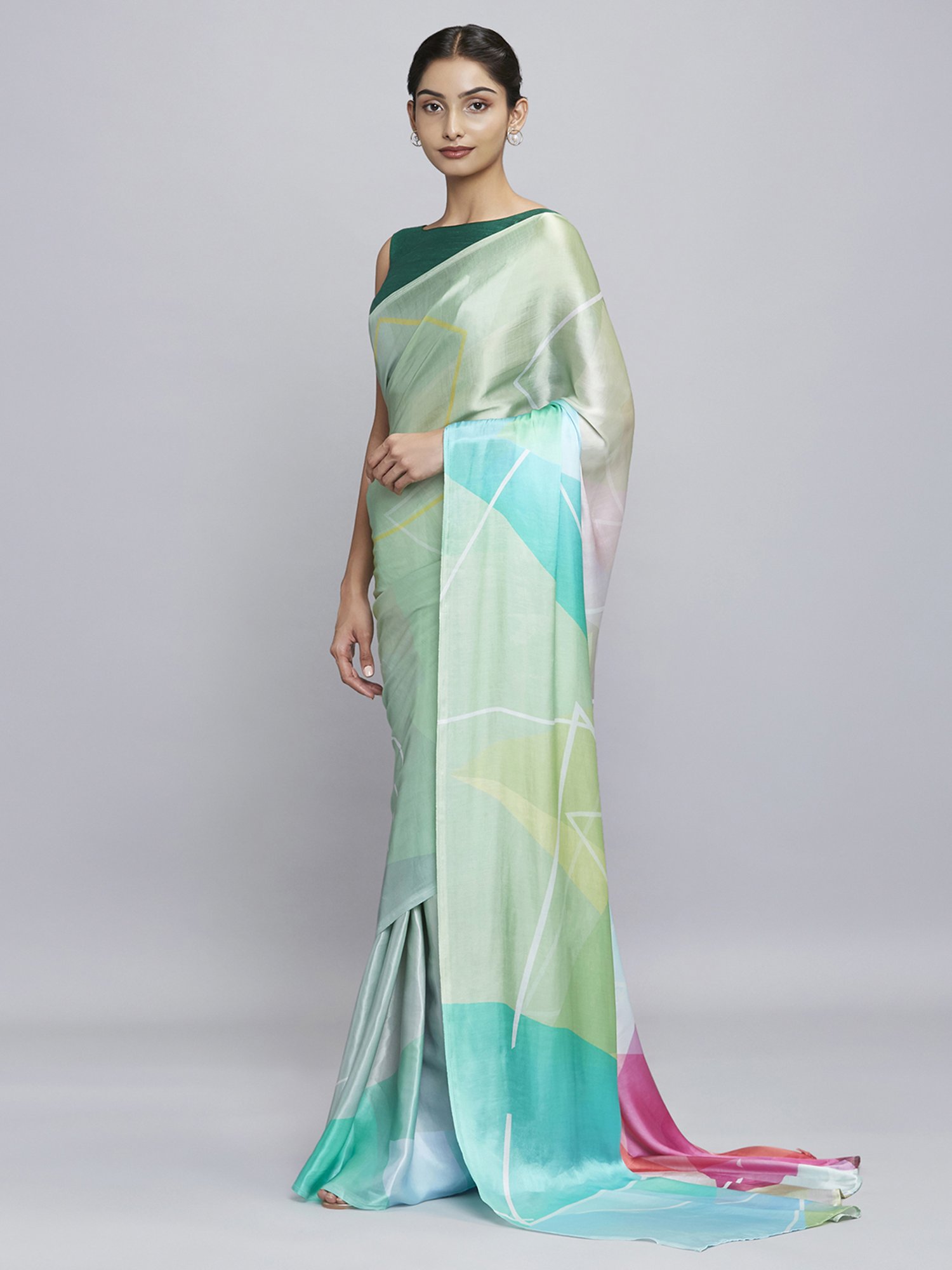 Navyasa Sea Green Liva Satin Geometric Printed Saree With Coordinated Unstitched Blouse Piece