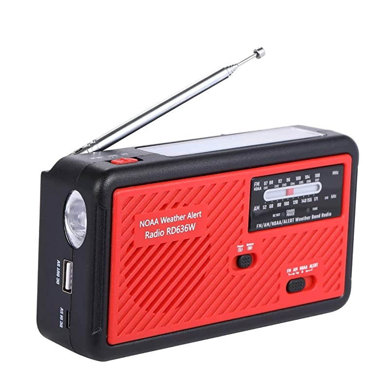 Radio with Solar and Hand Crank Self Powered Portable FMAM NOAA Weather Radio with Alert Battery USB Recharging LED Flashlight Cell Phone Charger red