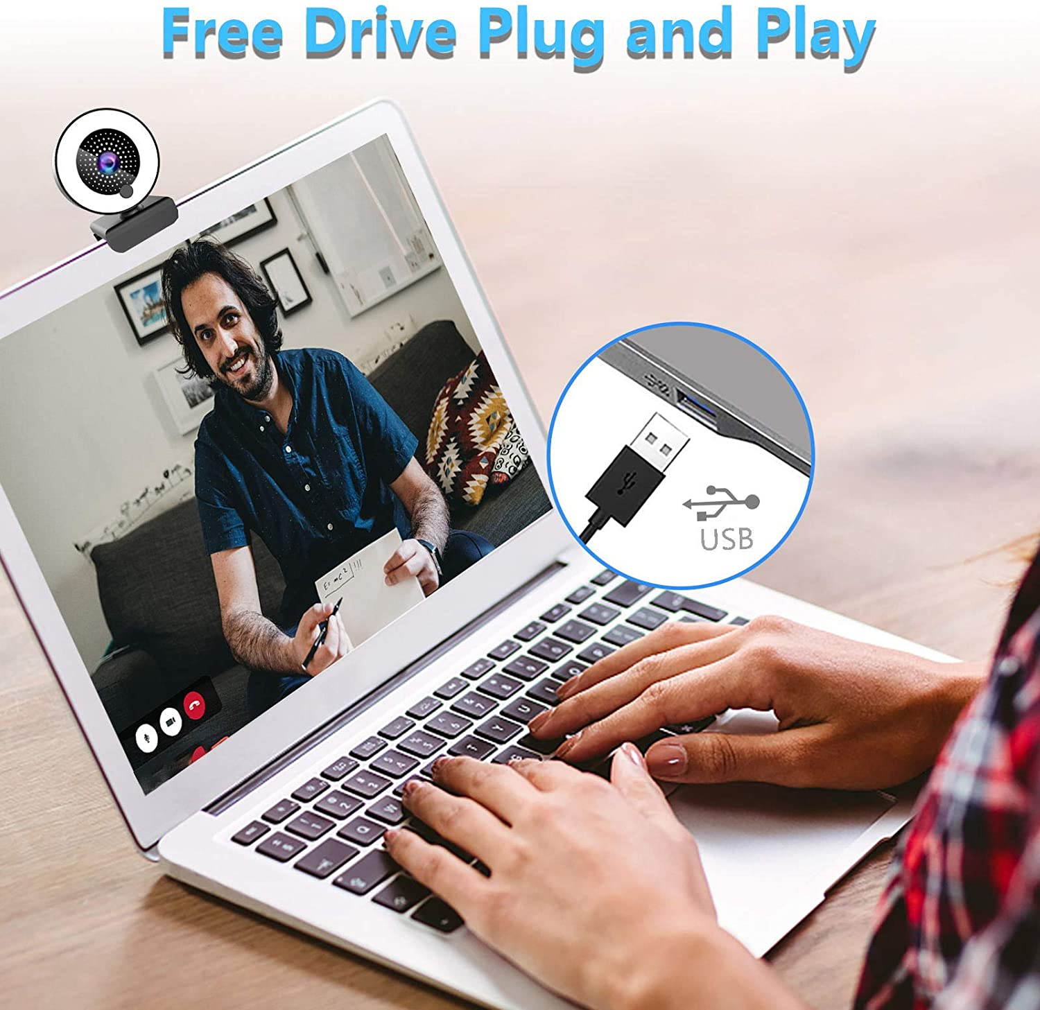 Webcam for PC, 2K HD Web Camera with Microphone and Ring Light, Wide Angle Web Cameras for Skype, Streaming, Teleconference, Video Chat, with Cover and Stand