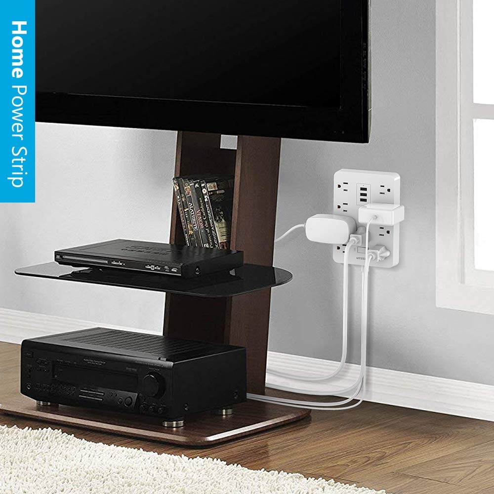 Power Strip 10 Wide Spaced Outlets, TESSAN Wall Mount Extension Cord with Multiple Protection, 3 USB Charger, 1875W/15A 4FT Cord with Overload Protector for Home and Office Essentials, White