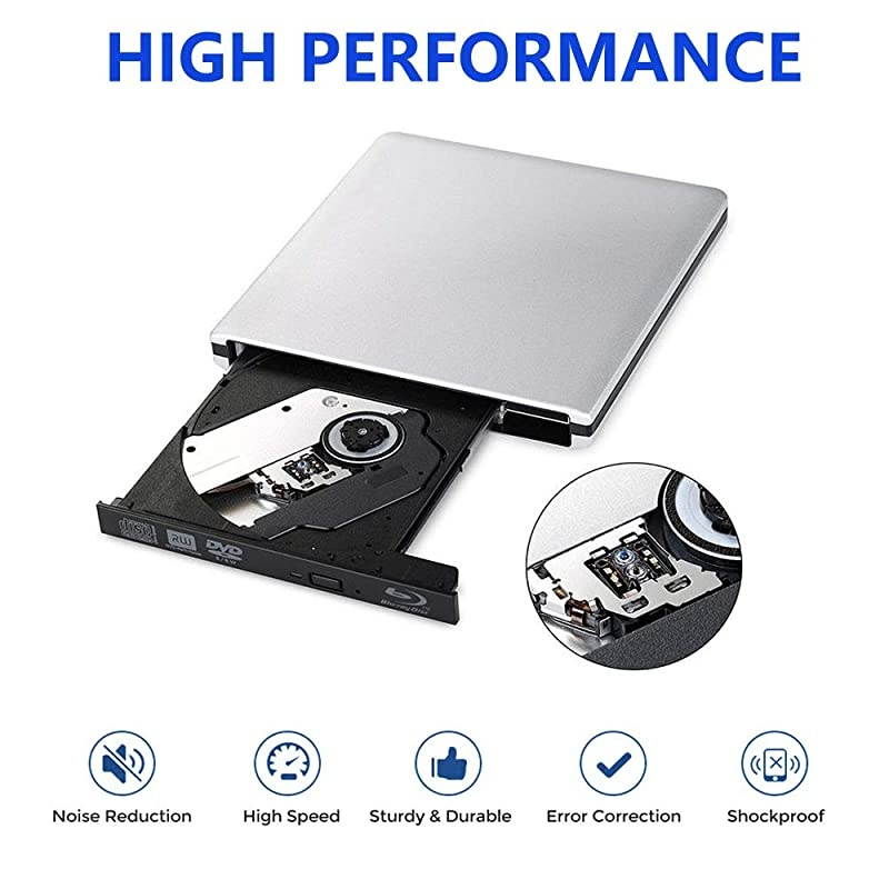 External 3D Blu Ray CD DVD Drive, Portable USB3.0 Blu Ray CD/DVD+/-RW Burner Player Writer Reader Rewriter for PC Netbook Laptop Desktop with Mac OS Windows XP/7/8/10/Vista-Silver