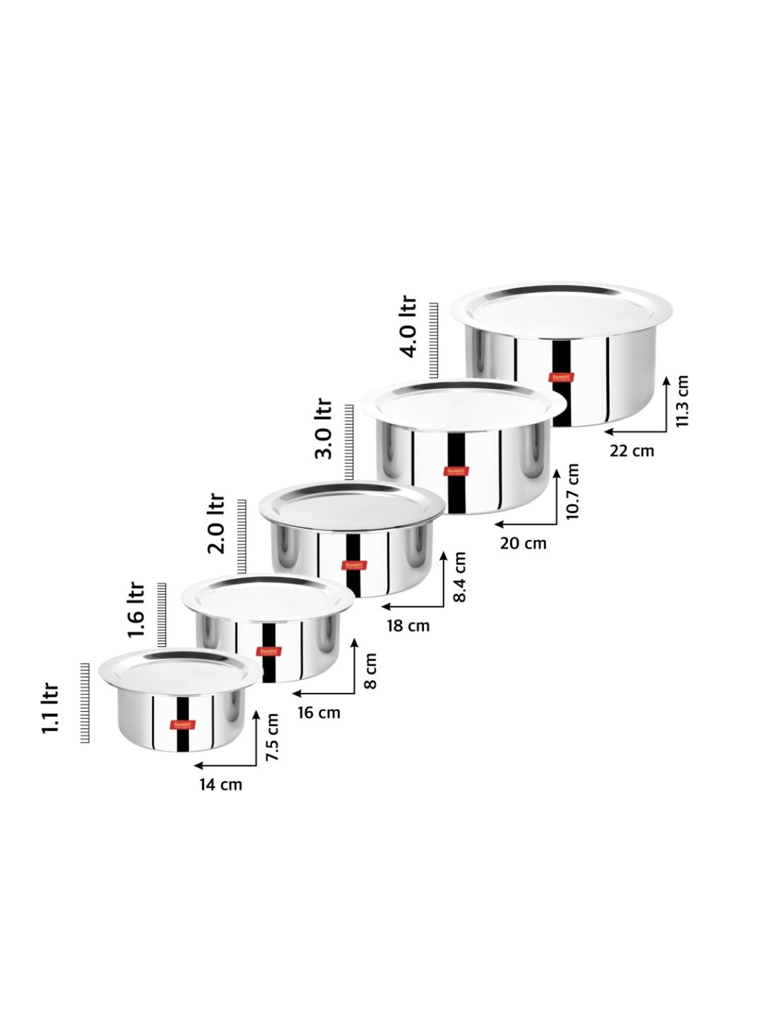 Sumeet Cook Smart TriPly SAS Tope Set of 5Pc with Lid-(1.1L,1.6L,2L,3L,4,)(14cm,16Cm,18Cm,20Cm,22Cm)
