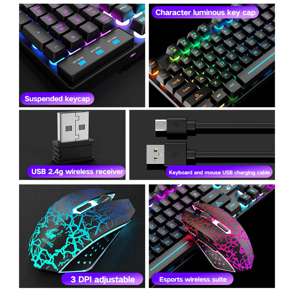 Rainbow Backlit Wireless Gaming Keyboard and Mouse Set, Rechargeable Waterproof Mechanical Feel Keyboard and Gaming Mouse for Gamer Laptop PC