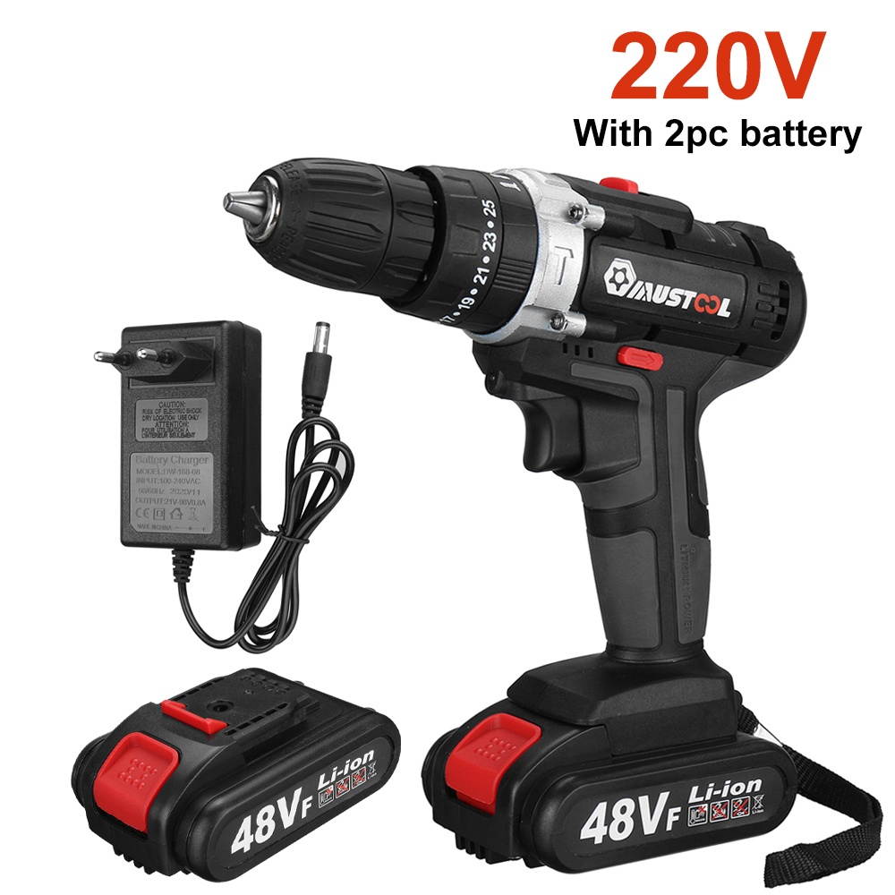 110V/220V 3 in 1 Cordless Impact Drill Hammer Screwdriver with 2pcs 48V Lithium Batteries-220V EU Plug
