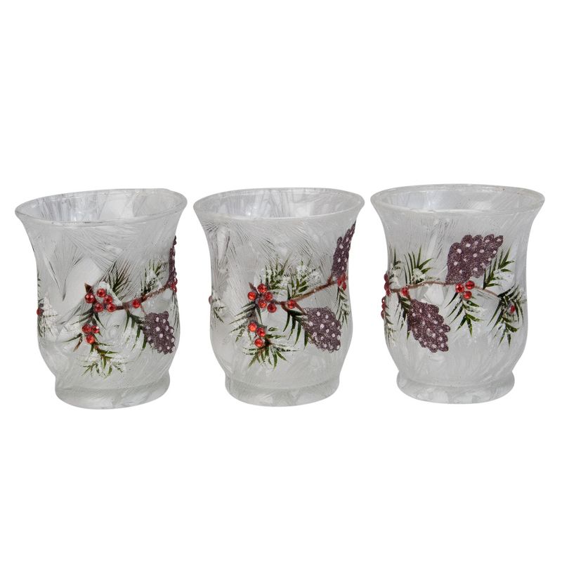 Melrose Set of 3 White and Clear Pine Branch Design Votive Candle Holders 3.5"