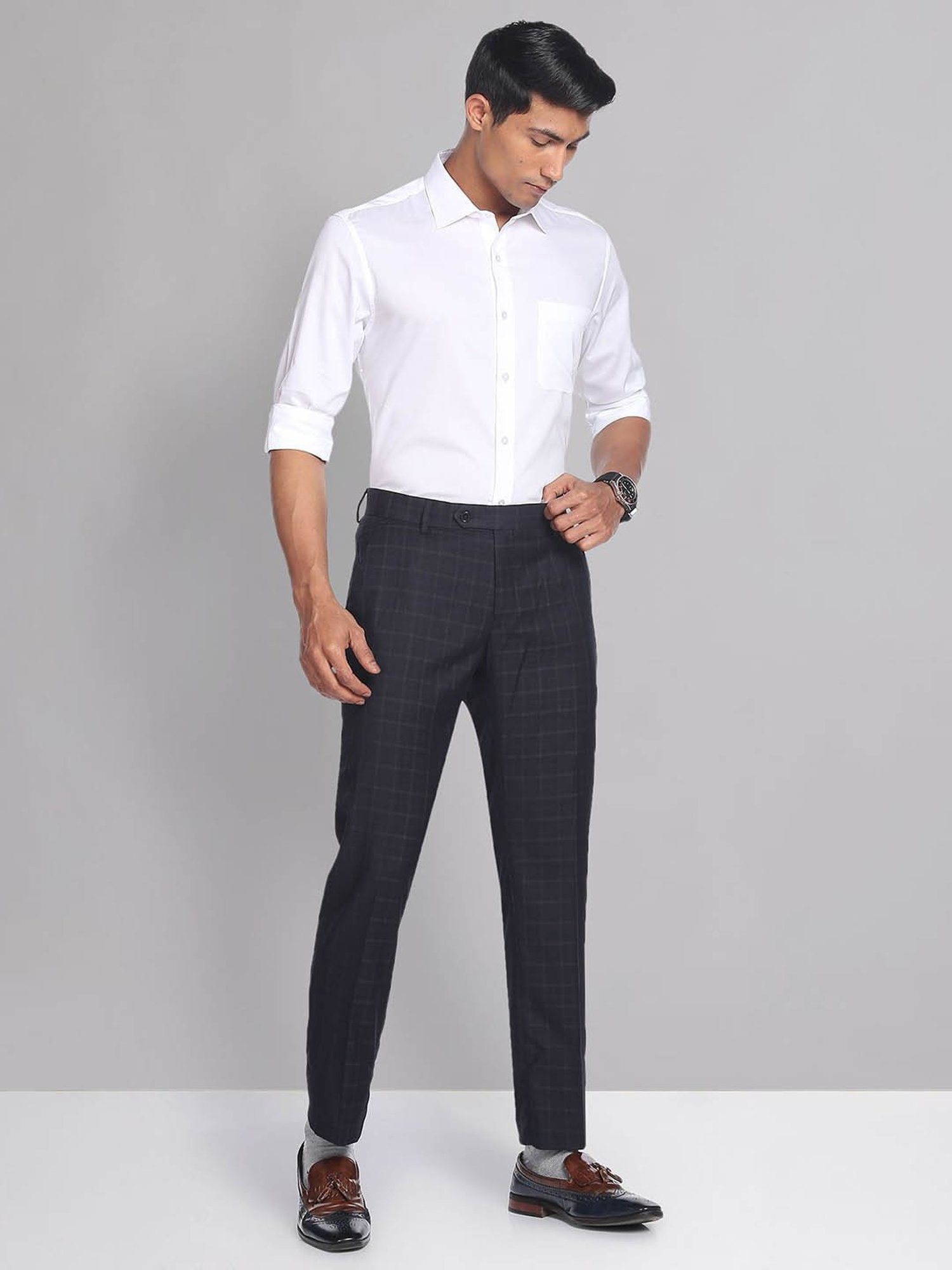 AD by Arvind Dark Navy Regular Fit Flat Front Trousers