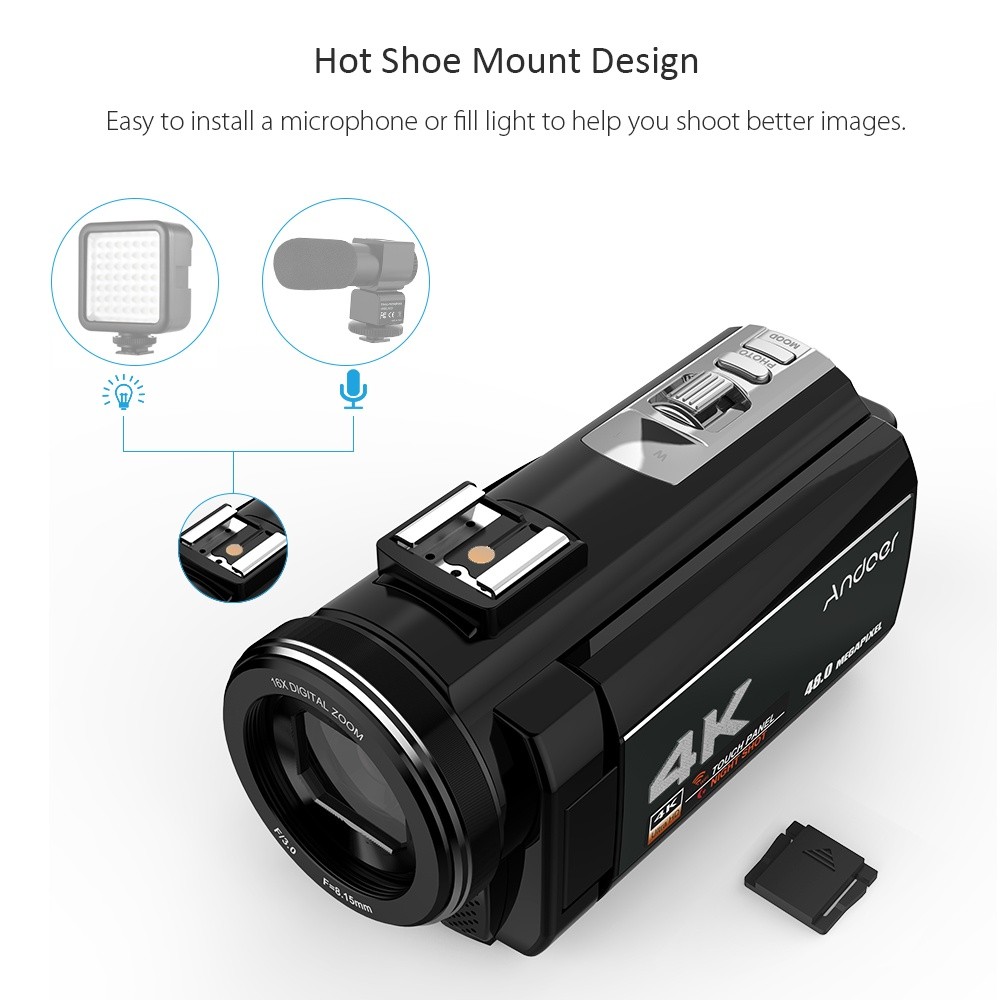 Andoer  Portable 4K  48MP WiFi Digital Video Camera Camcorder with External Microphone and 0.39X Wide Angle Lens 3.0 Inch Touch Screen IR Infrared Night-shot 16X Digital Zoom with 1pc 2000mAh