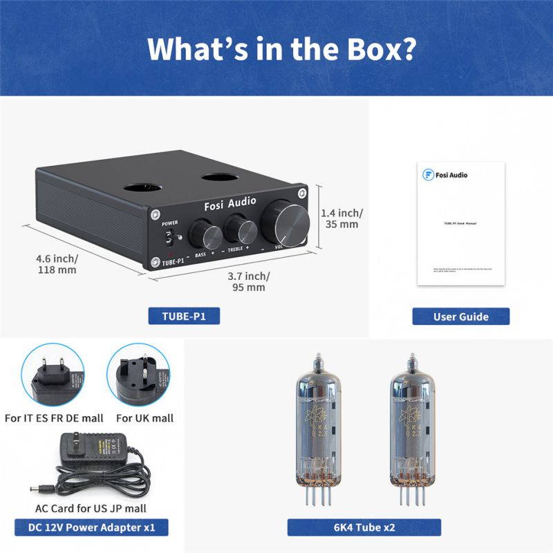 Fosi Audio P1 Tube Pre-Amplifier Mini Hi-Fi Stereo Buffer Preamp 6K4 Valve & Vacuum Pre-amp with Treble & Bass Tone Control for Home Theater System