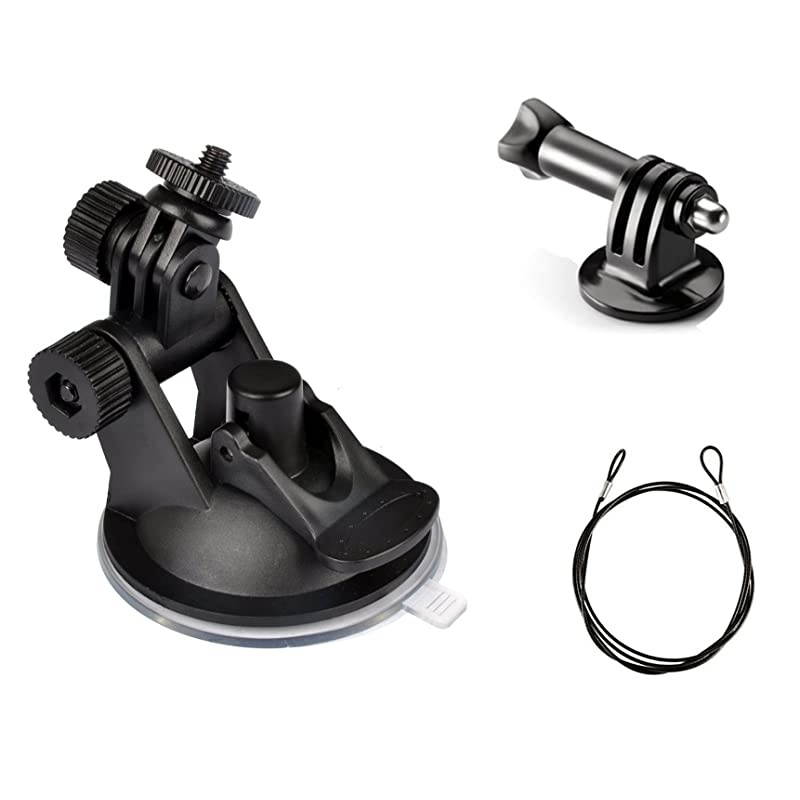in Car Windscreen Universal Suction Cup Mount Car for Windshield Dash Cam Camera Camcorder Mount Holder Stand 360 Rotation with 60cm Stainless Steel Tether and 14 Thread to Action Camera