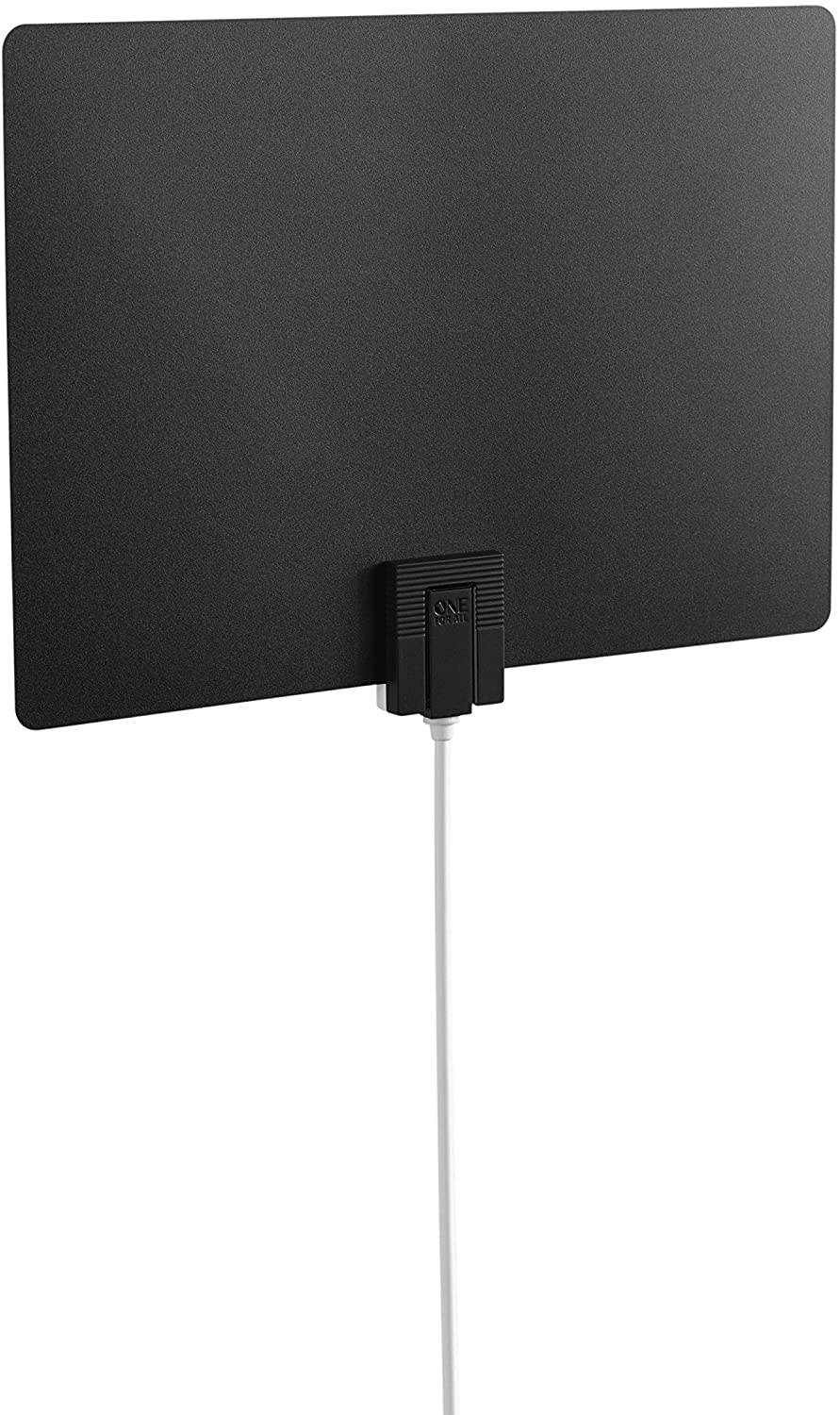 One For All Amplified HDTV Antenna for 1080P 4K Free TV Channels, 50 Miles Long Reception Range, External Signal Booster and 10ft Coax Cable Included, Thin Dual Color Design White/Black, Model 14541