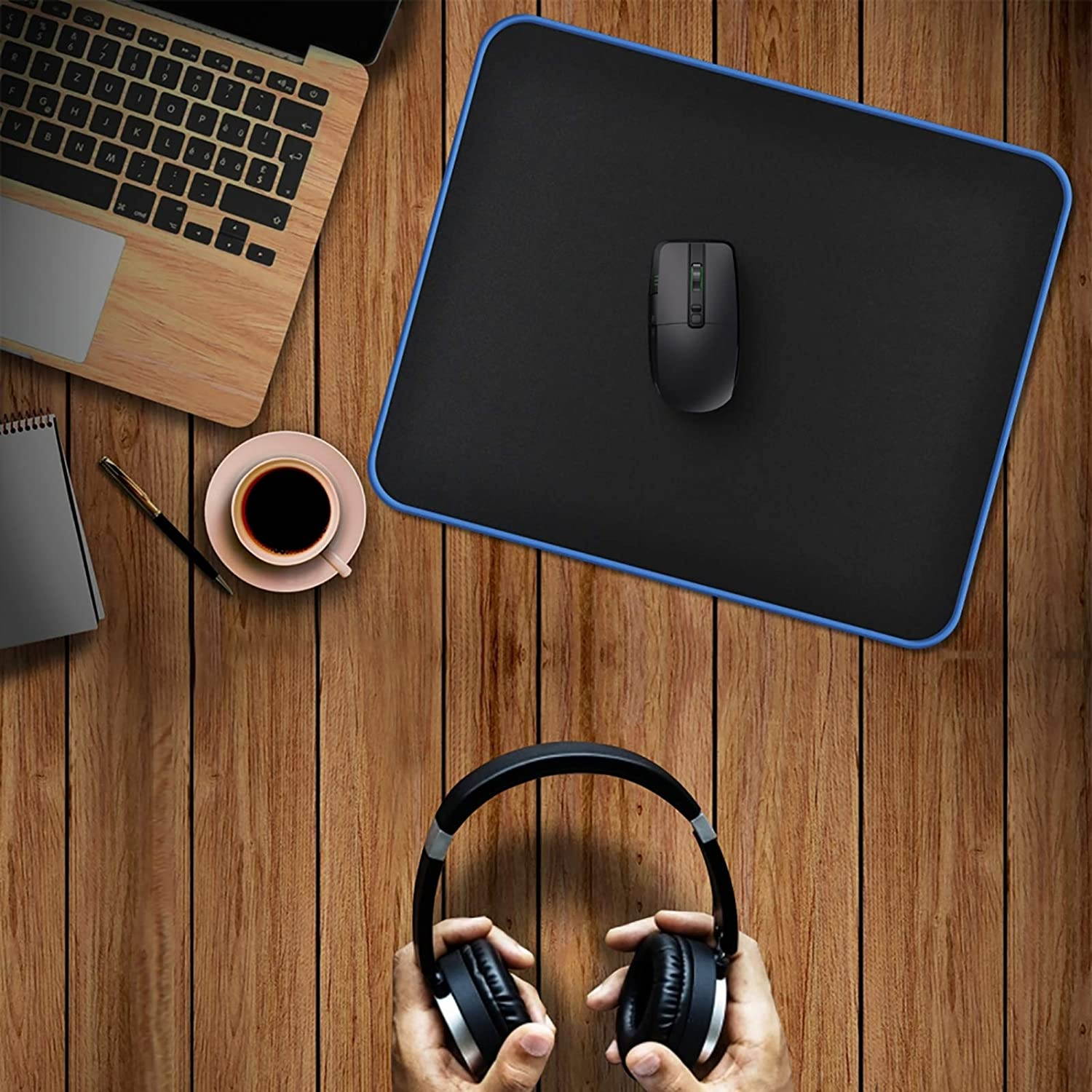 Mouse Pad Gaming with Blue Non Slip Rubber Base (12.6x10.6x0.16in), 4mm Thick Computer Mousepads Mat with Stitched Edge, Black Smooth Jersey Surface Mouse Pad for Laptop, Computer, Home&Office, Desk