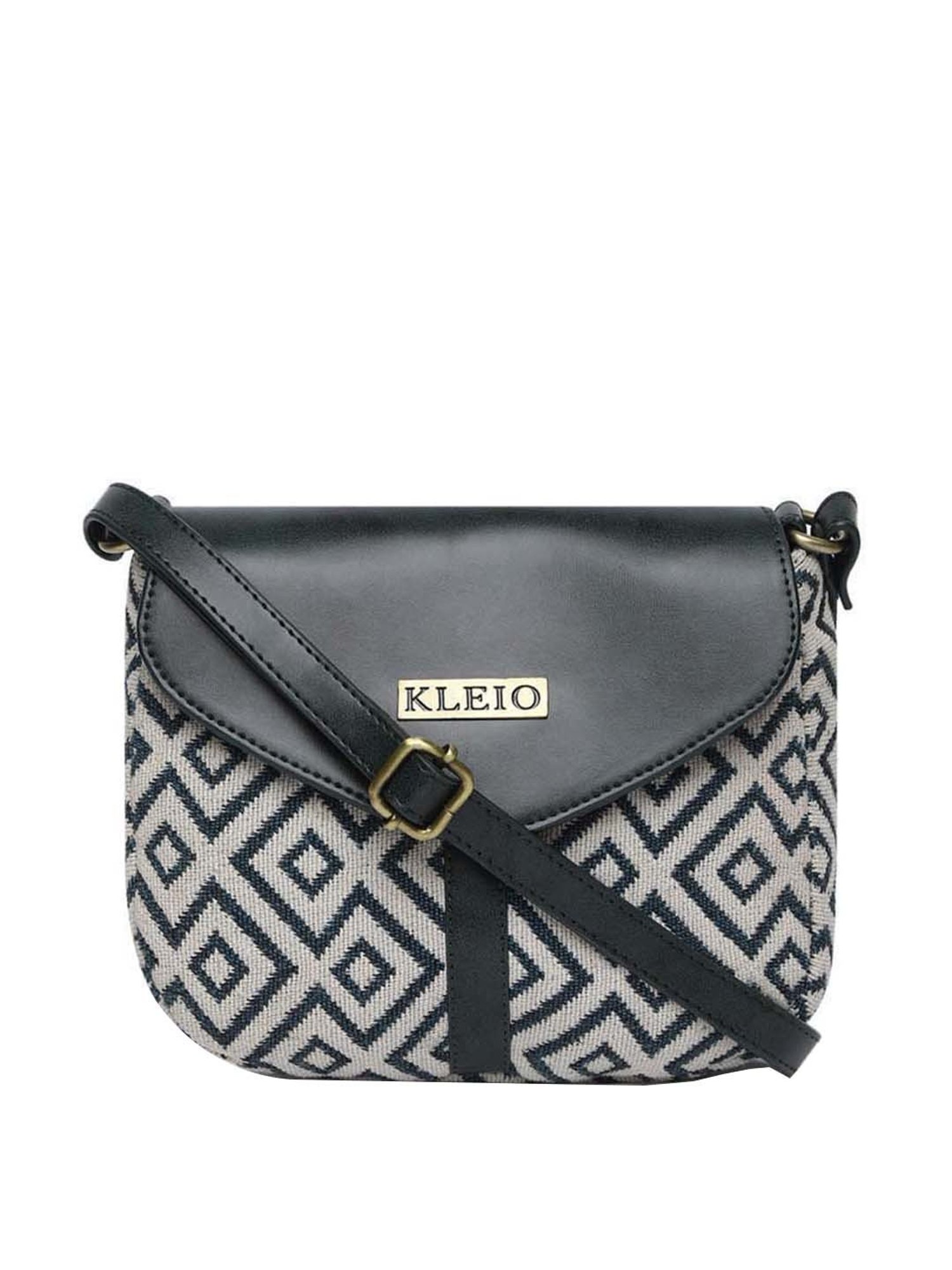 KLEIO Black & White Textured Medium Sling Handbag