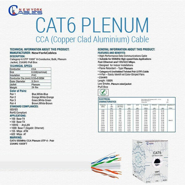 CAT6 Plenum (CMP) Cable, 1000FT | Fluke Tested | 23AWG, 550MHz Network Cable Unshielded Twisted Pair (UTP) Blue
