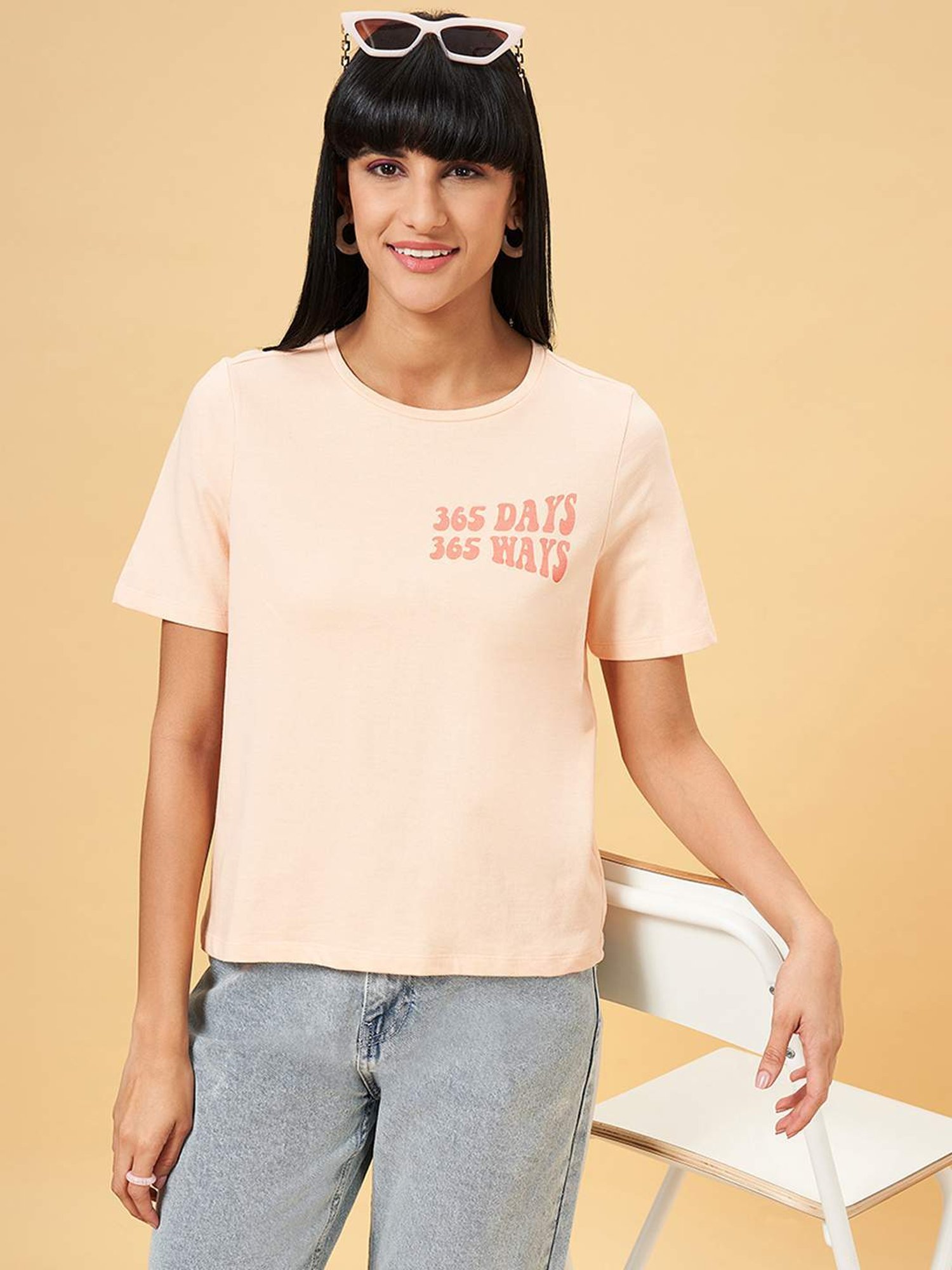 People by Pantaloons Pink Cotton Printed T-Shirt