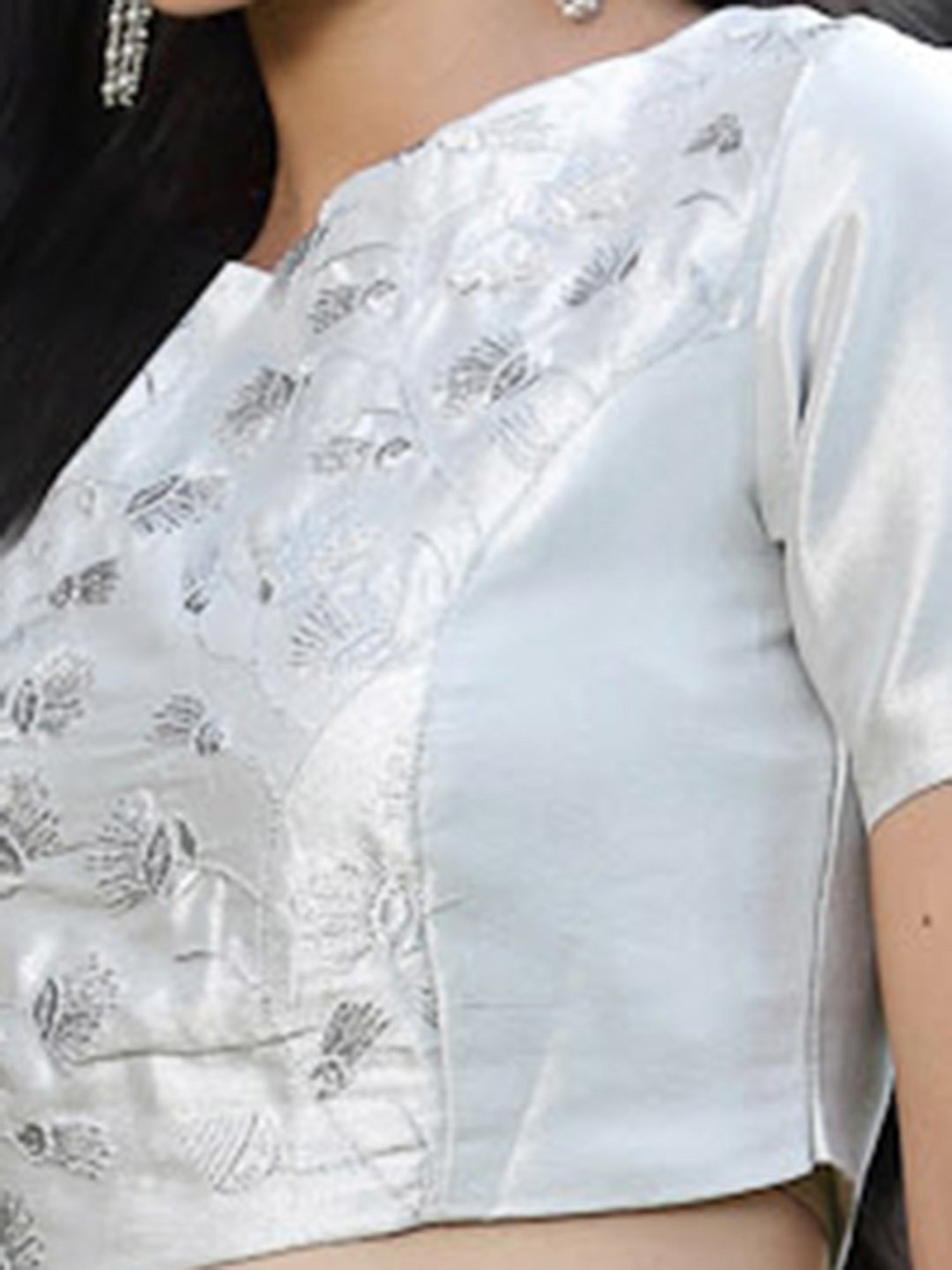 Juniper Silver Floral Printed Shimer Embroidered Blouse With Zari Work