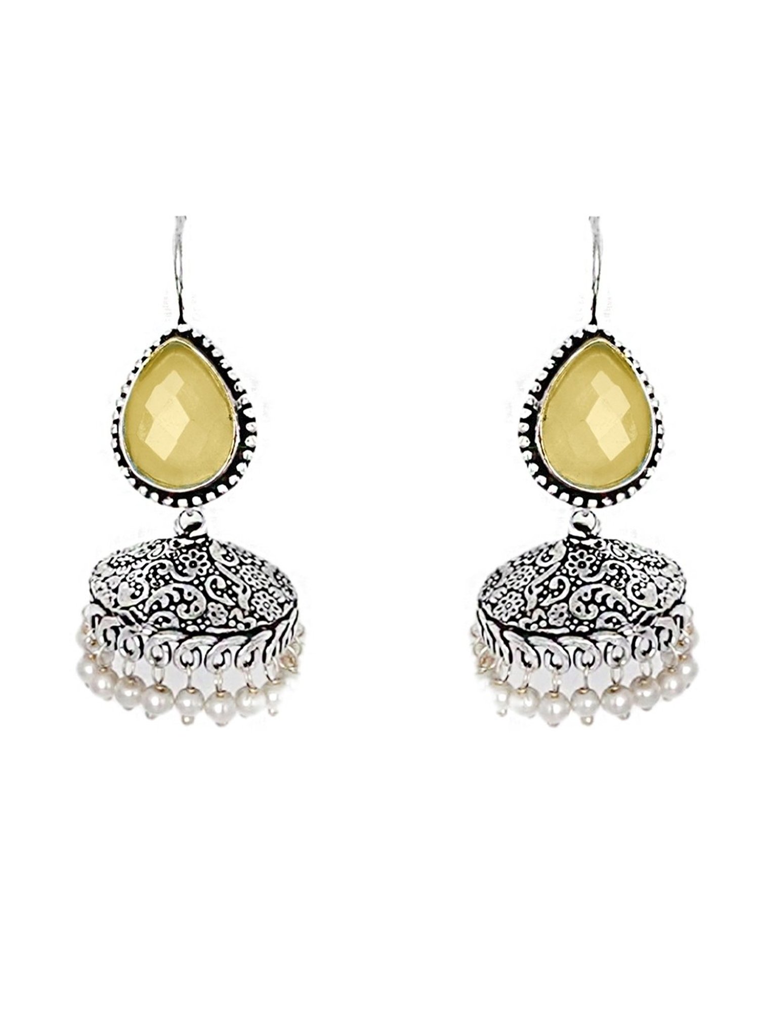 Teejh Ethnic Sahasra Yellow Stone Silver Oxidized Jhumki Earrings