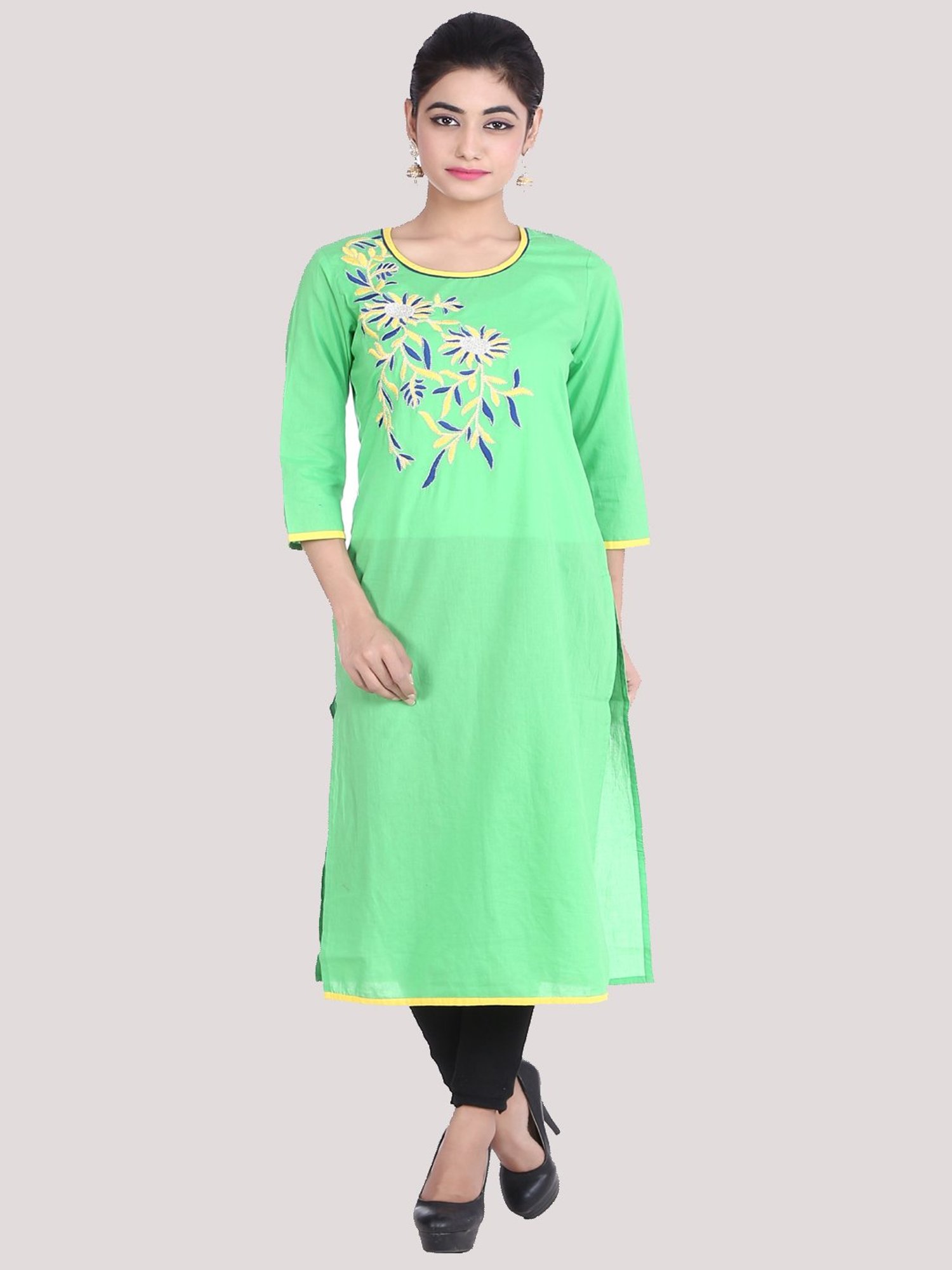 Geroo Jaipur Green Embroidered Straight Cotton Kurta