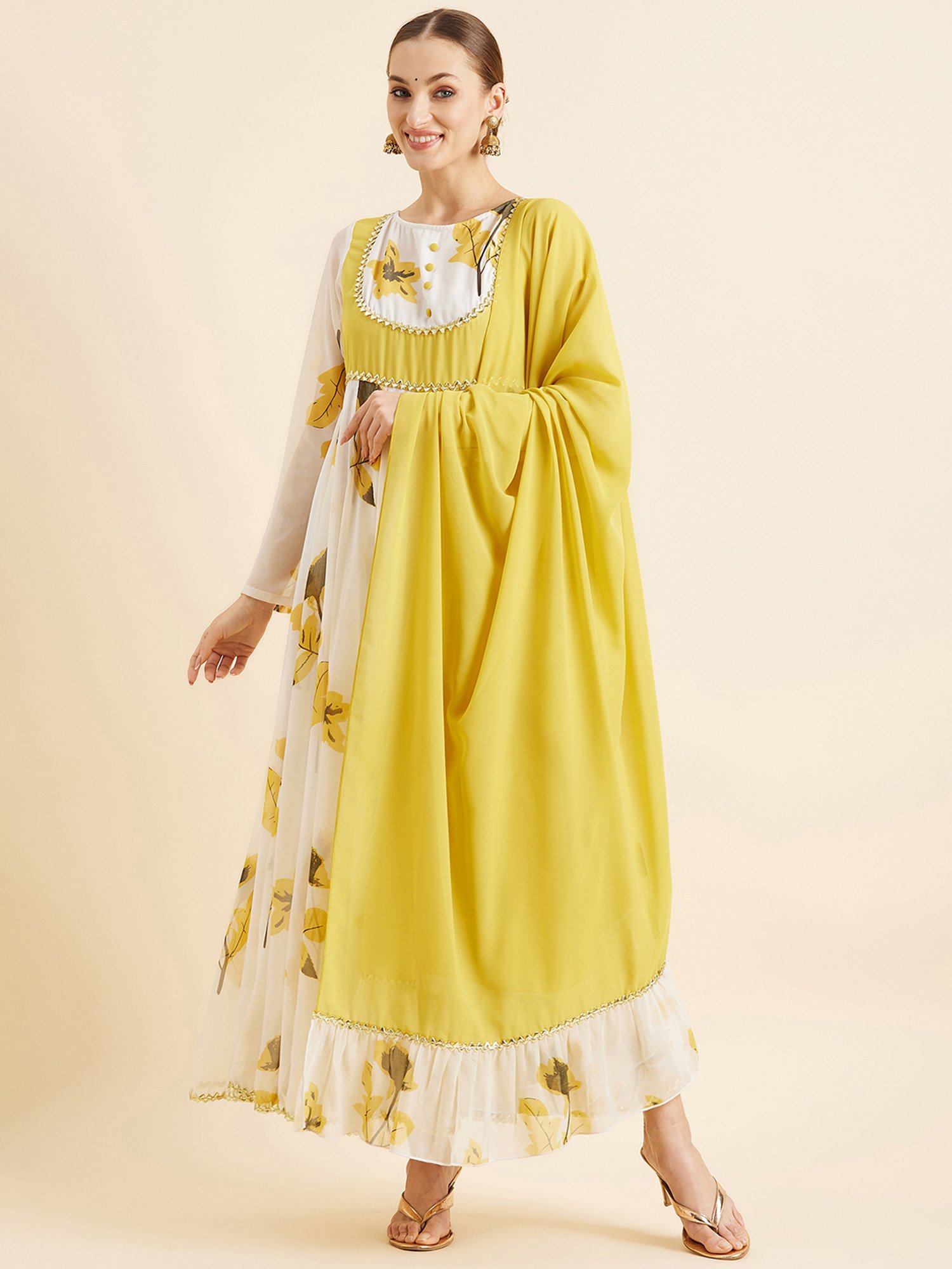 PANIT White Printed Ethnic Dress With Dupatta