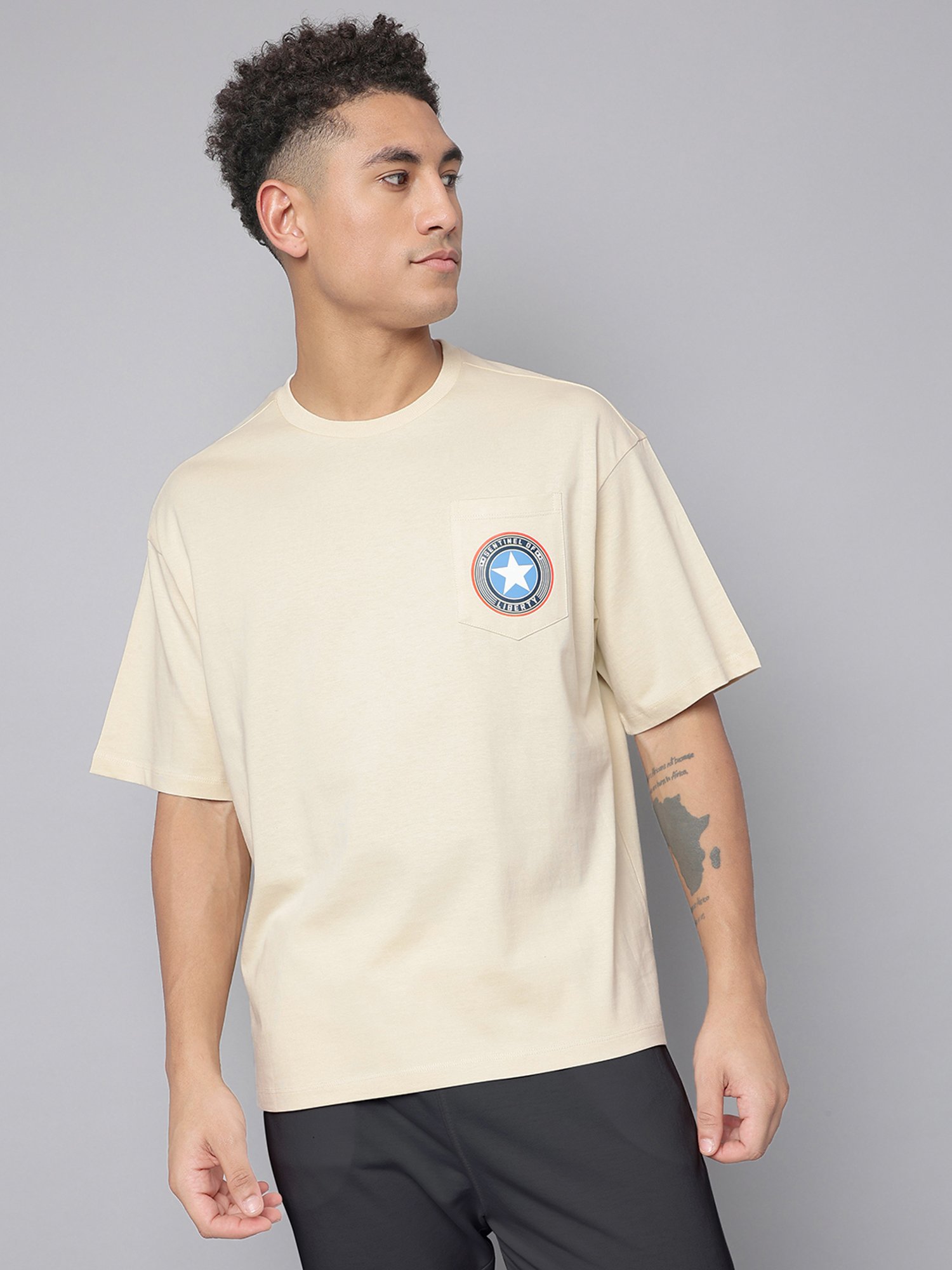 Free Authority Beige Cotton Oversized Printed T-Shirt