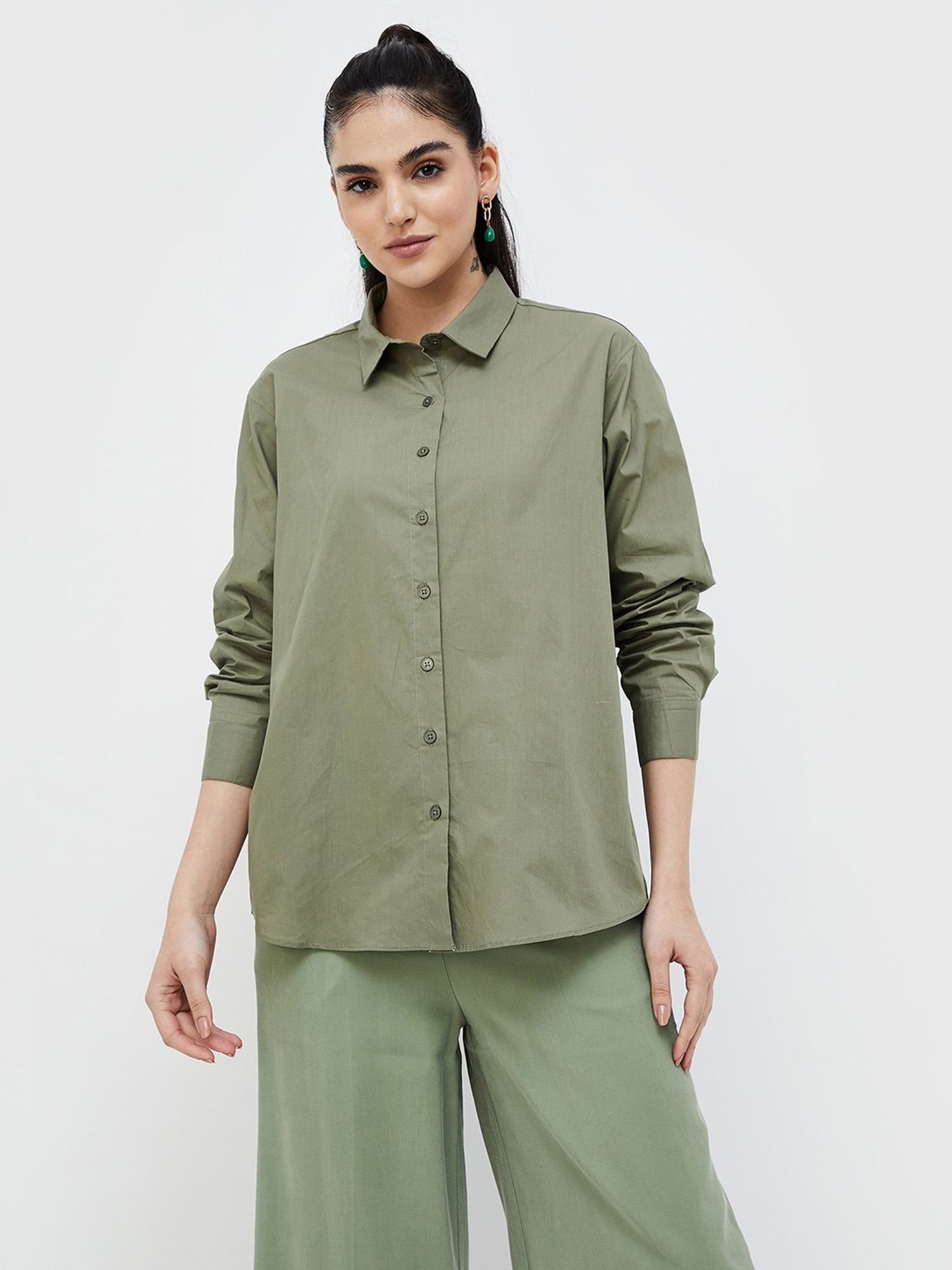 Code by Lifestyle Sage Green Cotton Regular Fit Top
