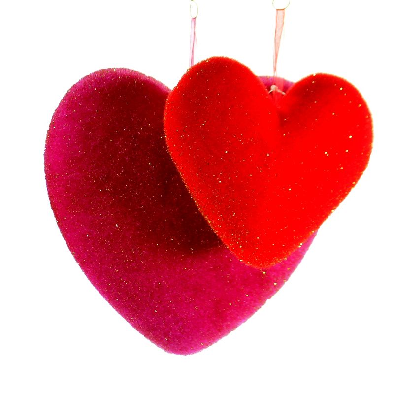 Valentine's Day 9.25" Set / 2 Flocked Hanging Hearts Decor Decorate Decoration Love One Hundred 80 Degree  -  Decorative Figurines