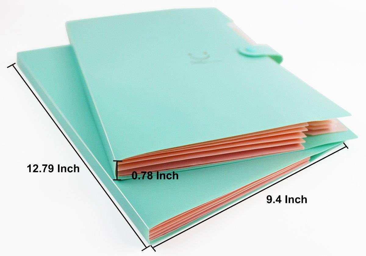 Placstic Expanding File Folders Accordion Document Organizer 5-Pocket A4 Letter Size with Snap Closure for School and Office,2-Pack,Green