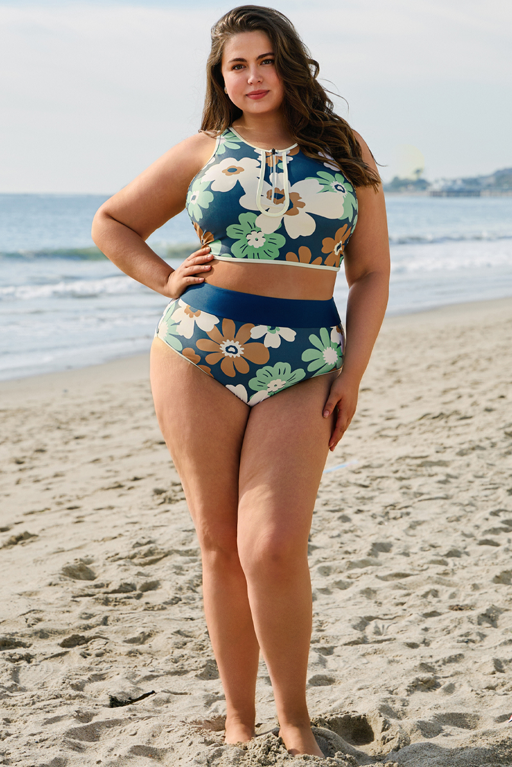 Green Floral Print Zipped Plus Size Two Pieces Bikini